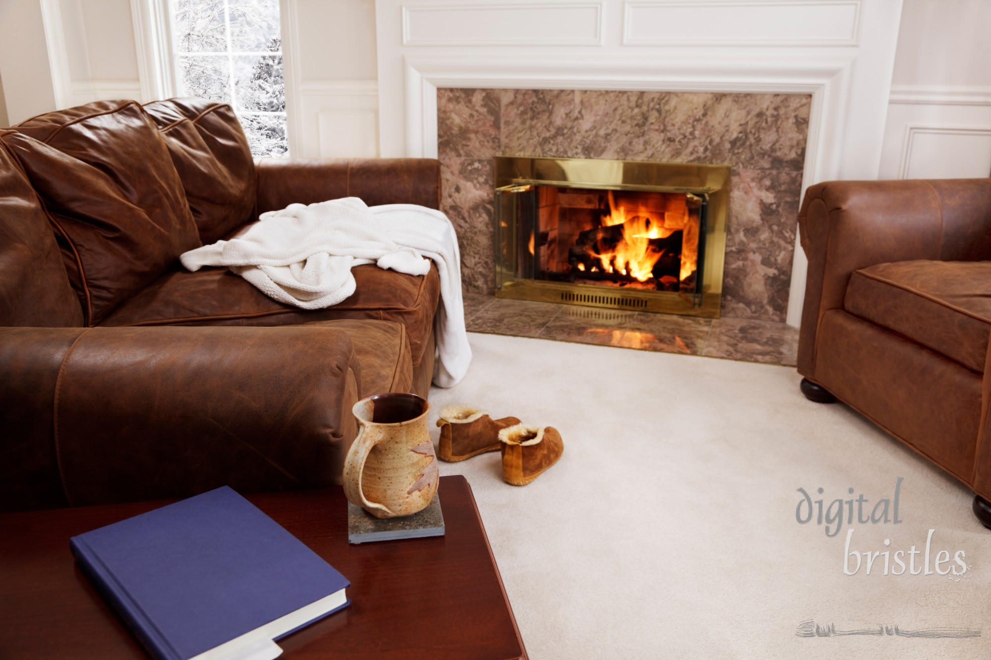 Living room with a warm fire, throw blanket and slippers