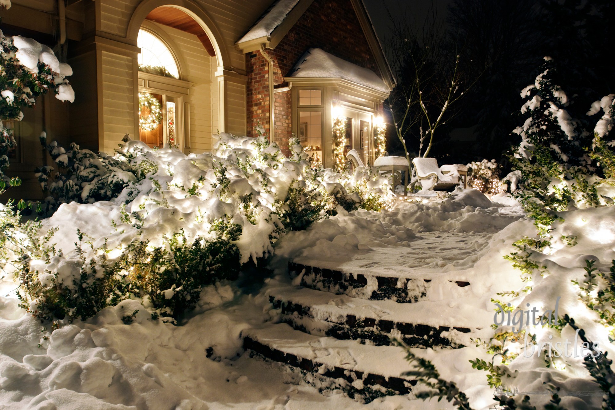 Outside Christmas lights line path to a front door on a snowy evening