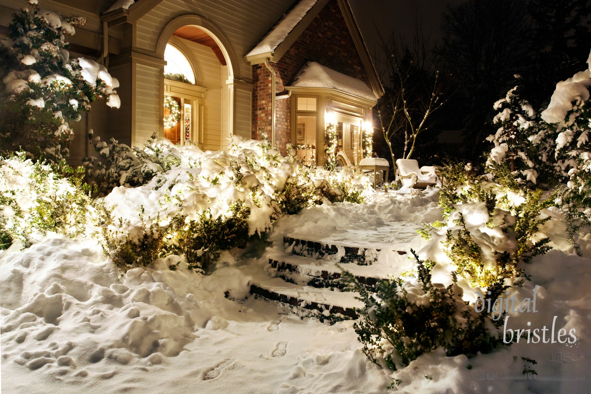 Outside Christmas lights line path to a front door on a snowy evening