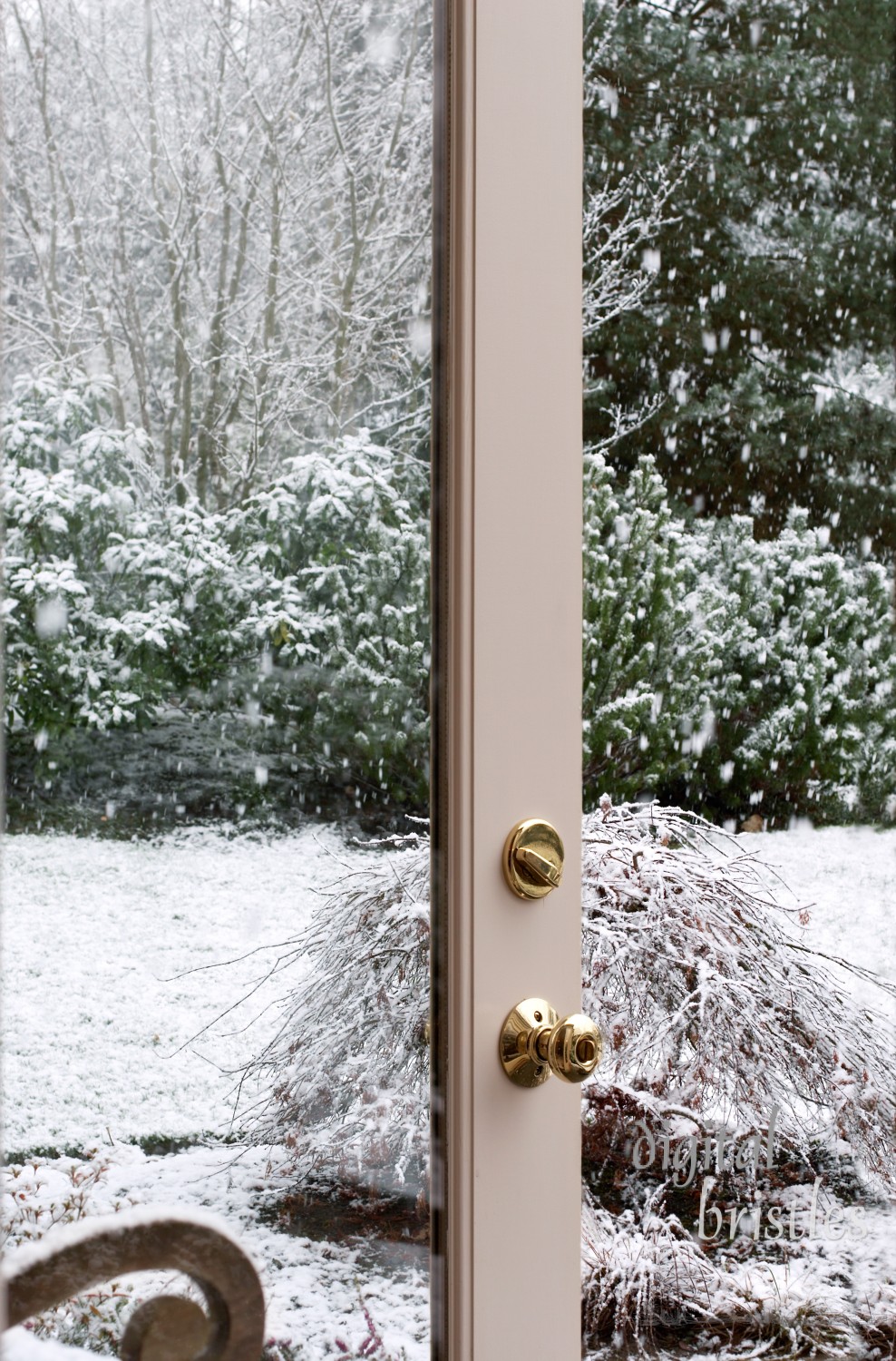 Open door to snowy garden