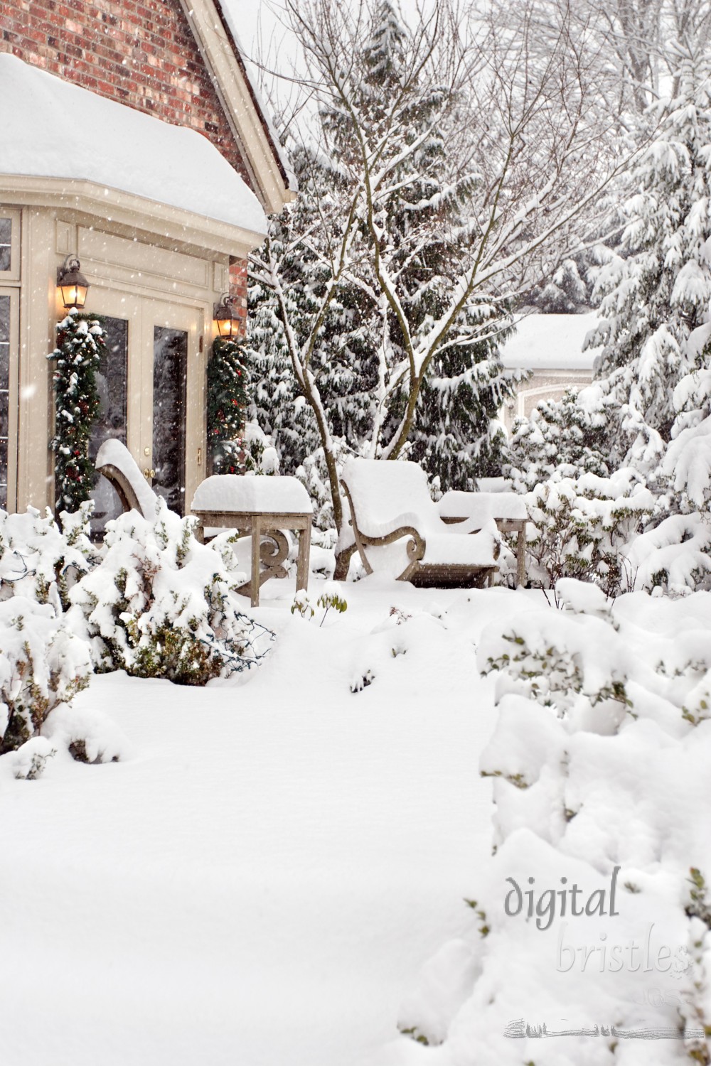 Snowy front entrance to suburban home