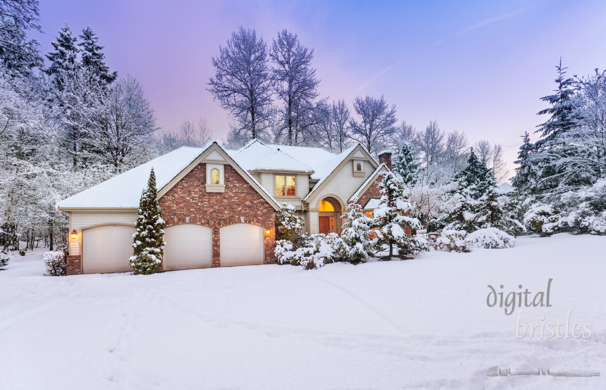 Daylight fades over a snow-covered suburban home