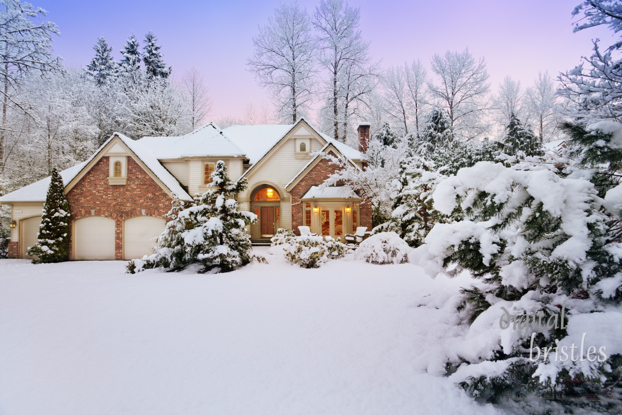 Light fades as night falls on a snowy suburban home