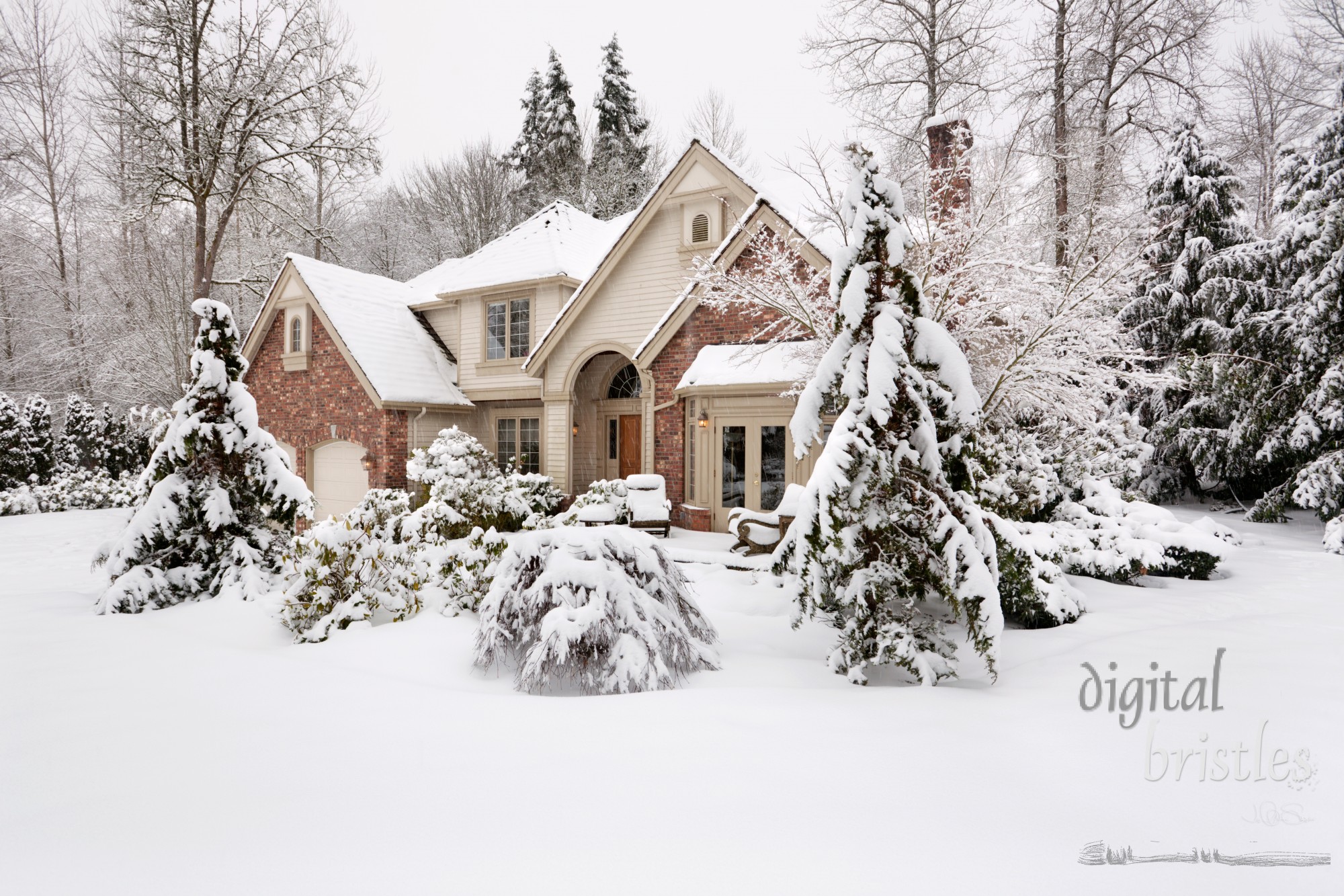 Suburban house with snow on the ground and more falling