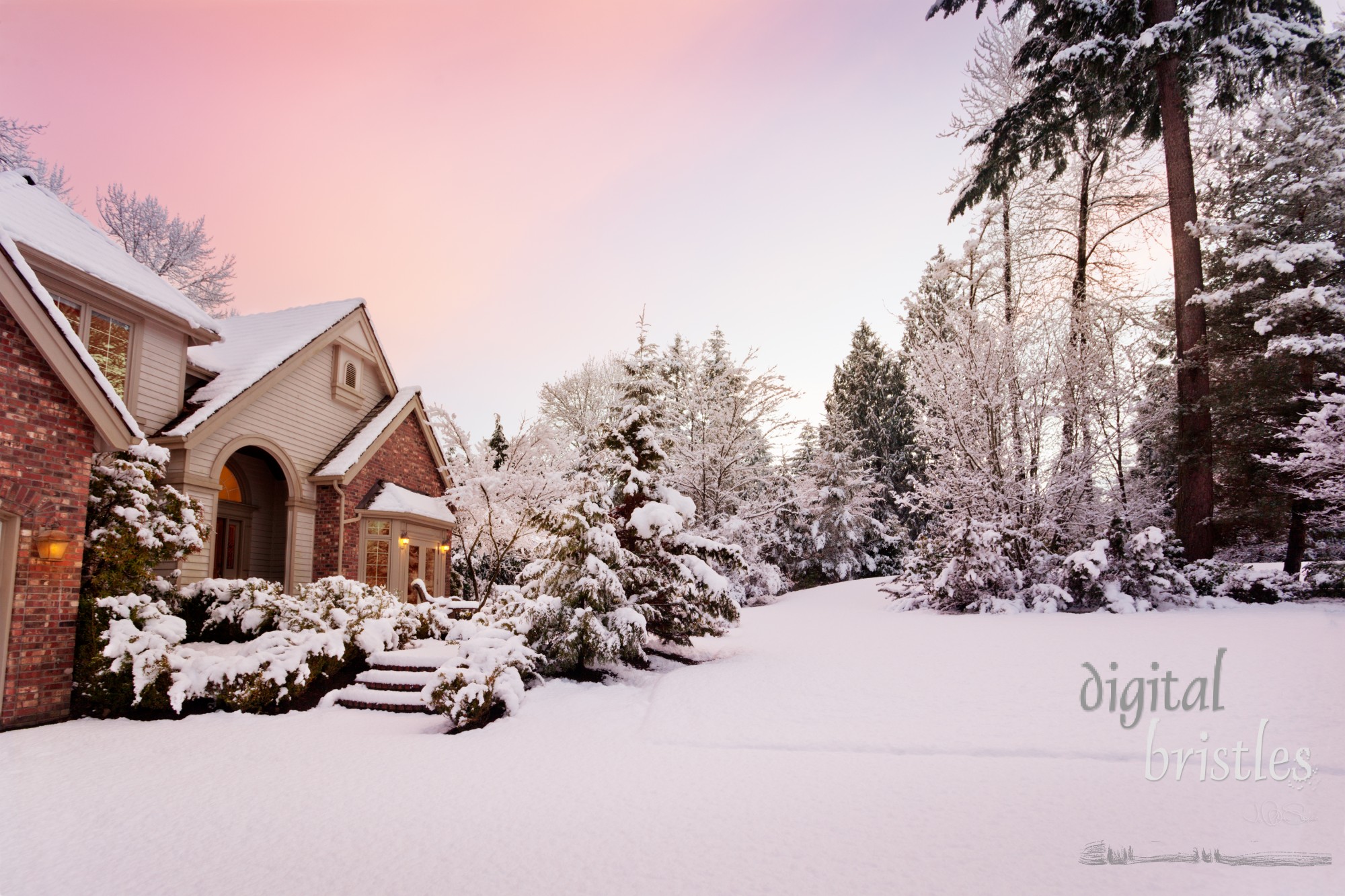 Last burst of color as light fades and night falls on a snowy suburban home