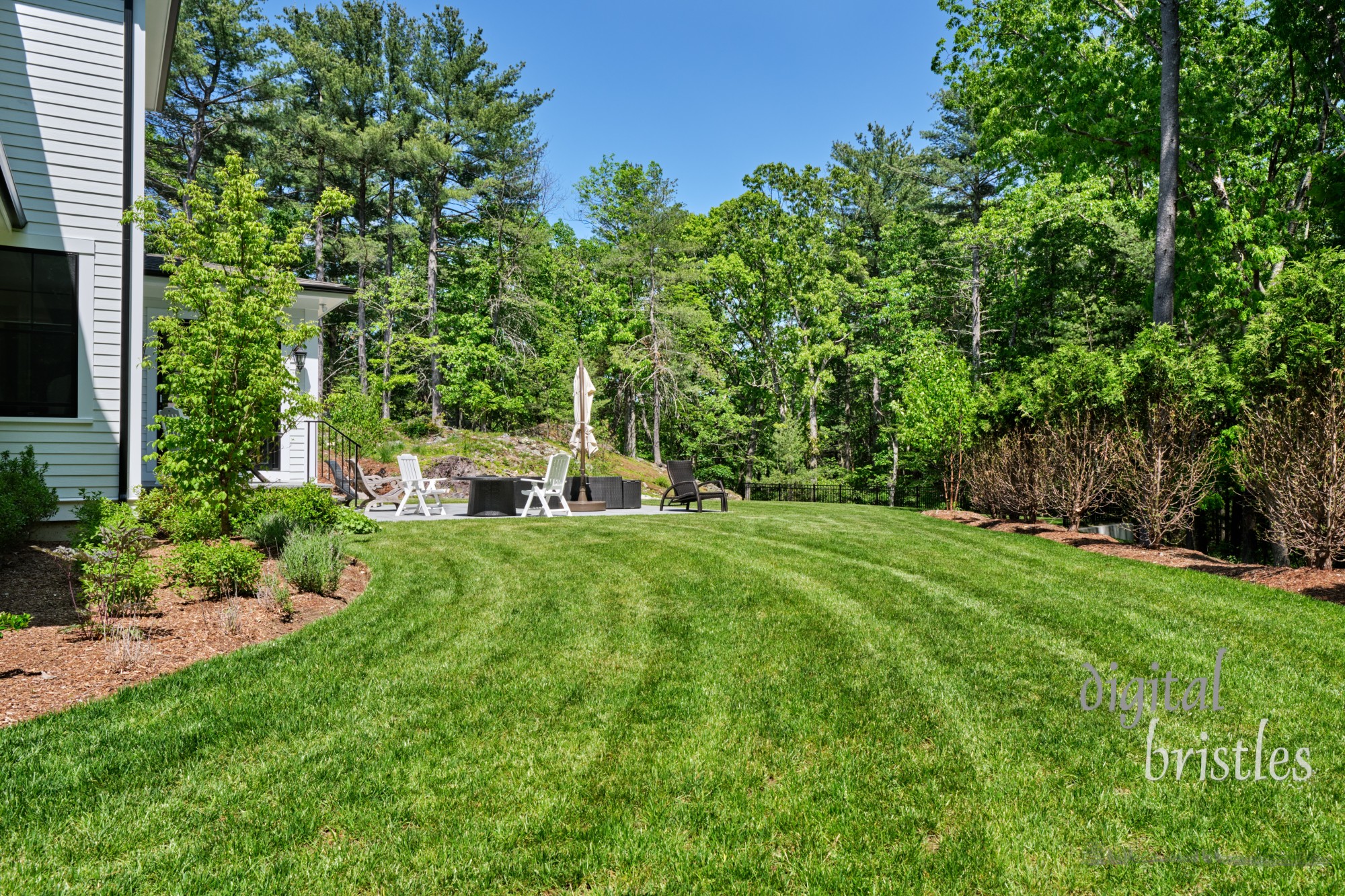 Spring cleanup is complete and the grass mowed in a wooded suburban back yard