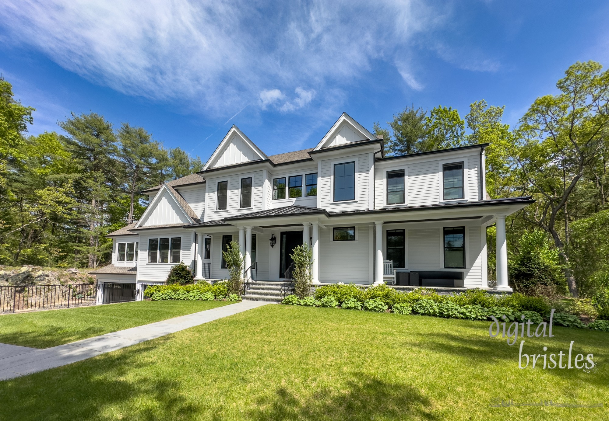 Contemporary farmhouse style suburban home on a sunny Spring morning