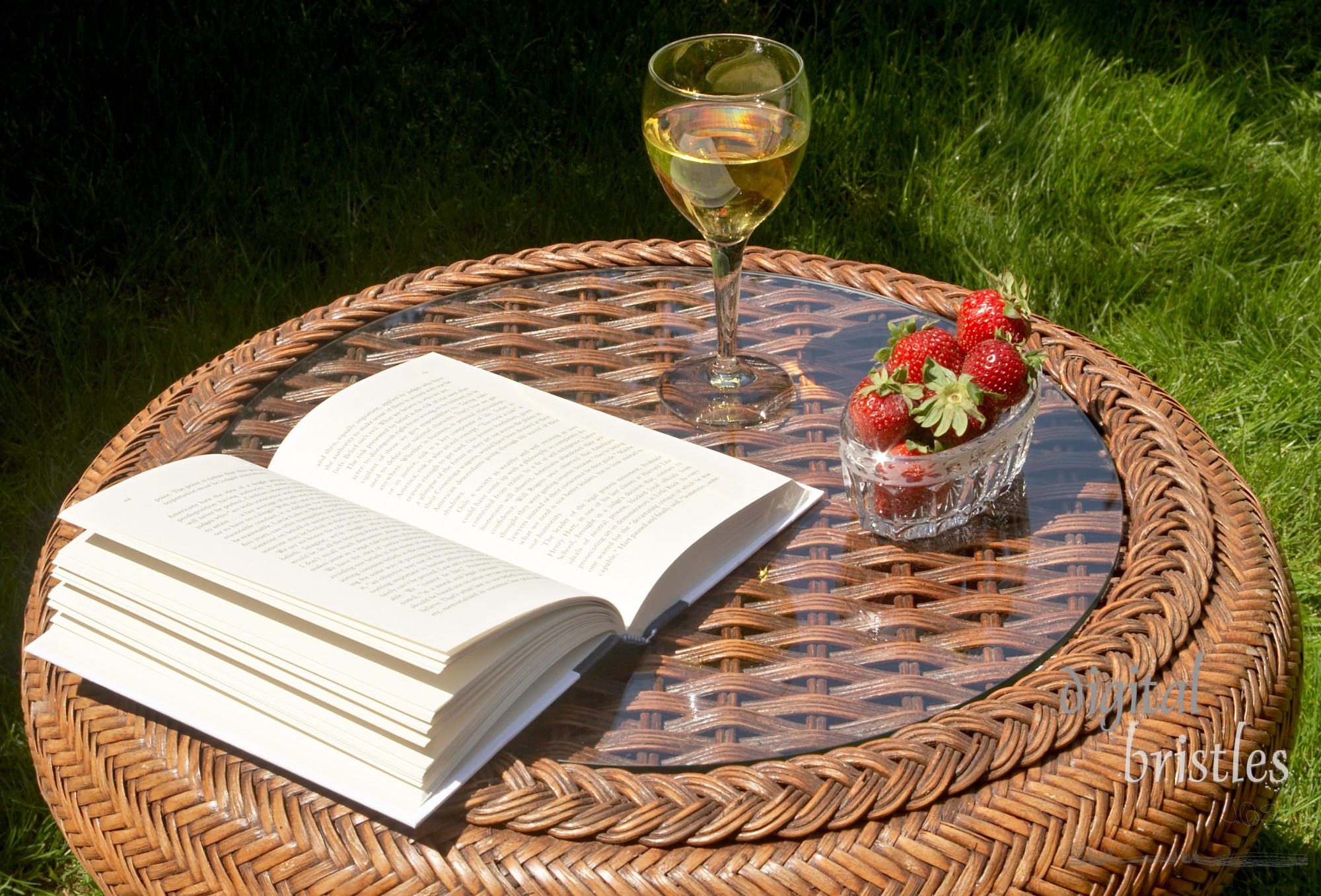 Garden table with wine, berries and a book