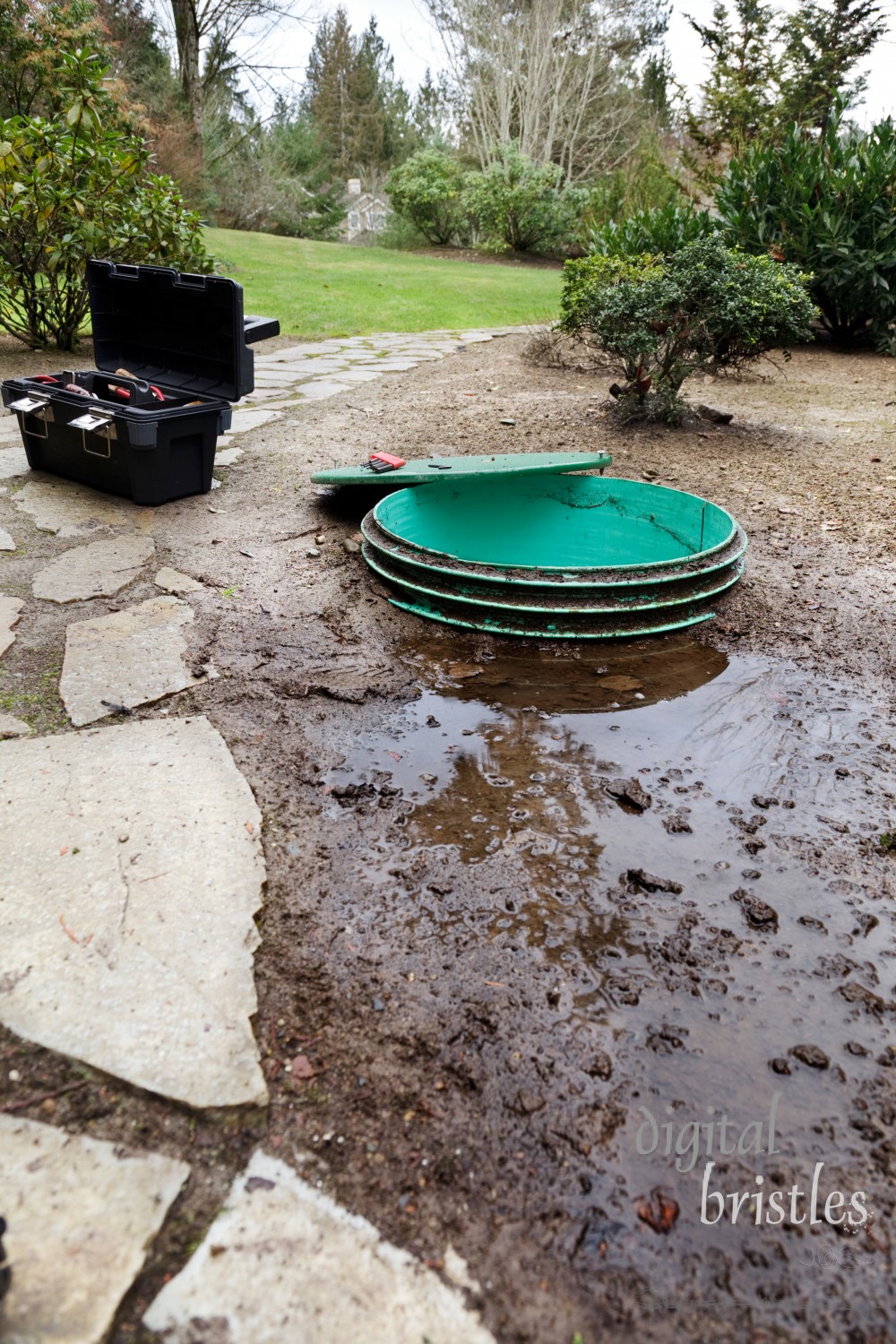 Opening the lids to investigate leaks around a septic system's tanks & pump chamber