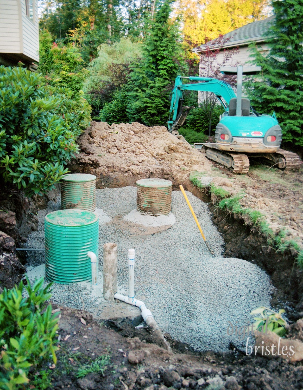 Risers stick out above bentonite covering on septic tank lids in an upgraded drainage project. Note: scan from 35mm film