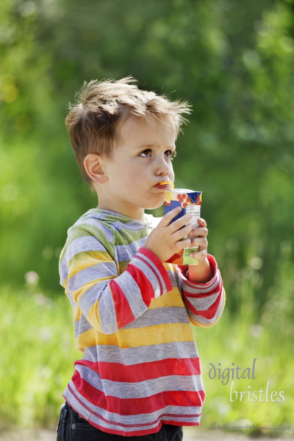 Young boy sips from a juice box on a sunny summer afternoon