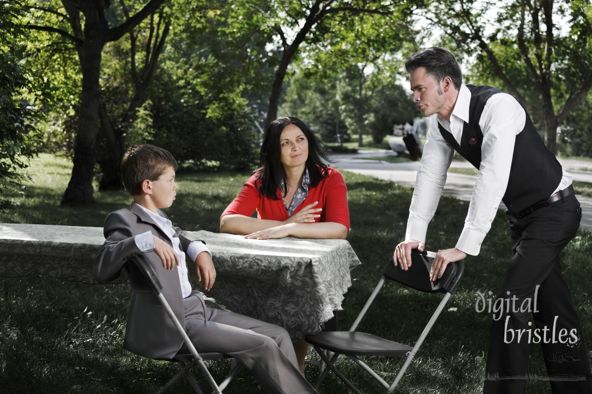 Mother warily watches a brewing confrontation between her husband and her son