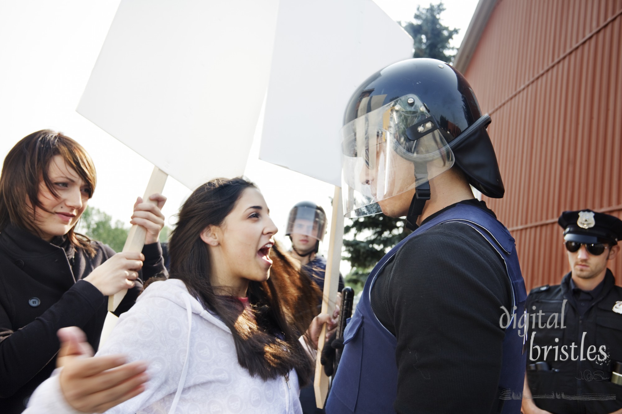 Protester daring the riot police officer to touch her