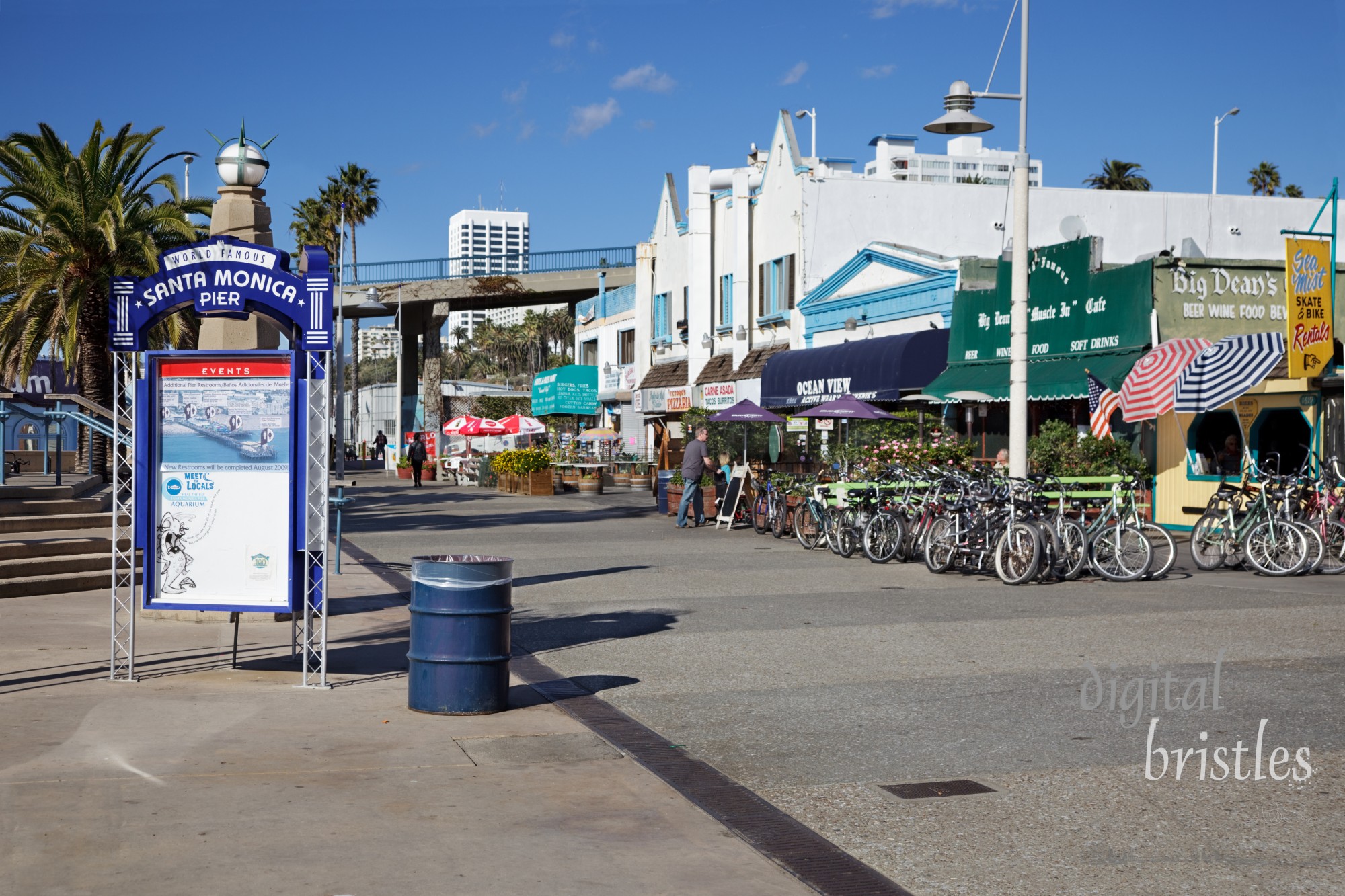 The South Bay bicycle trail runs for 22 miles from Will Rogers State Beach, near Malibu, to Torrance. This stretch behind the Santa Monica Pier offers bike rentals, restaurants and other small shops as well as access to Santa Monica beach and the pier