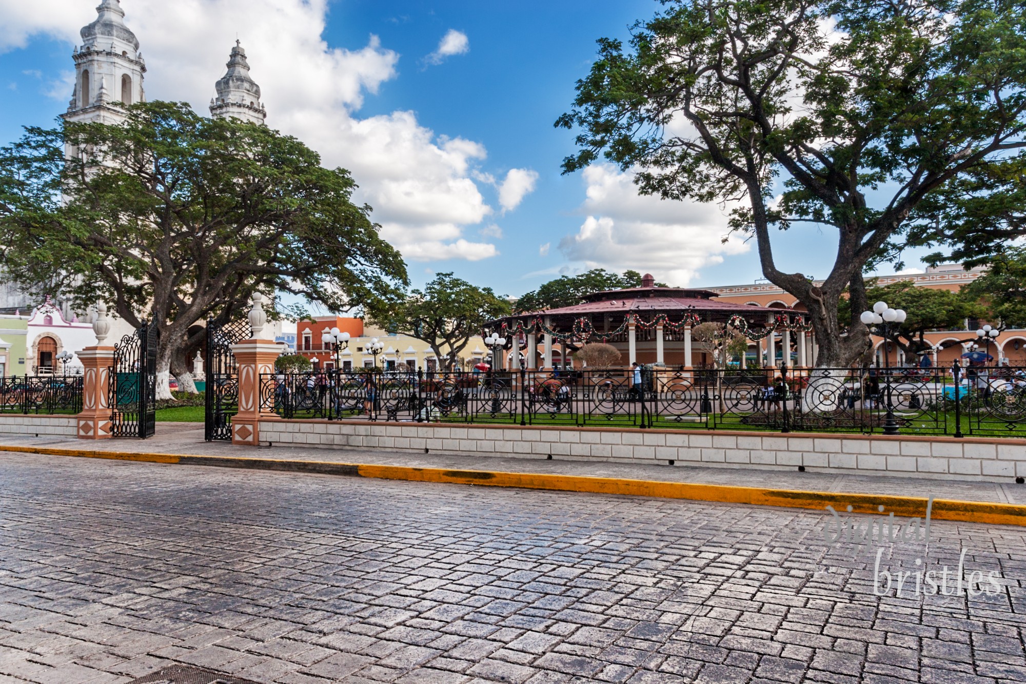 Independence Plaza, Campeche, Mexico with cathedral on the opposite side of the square