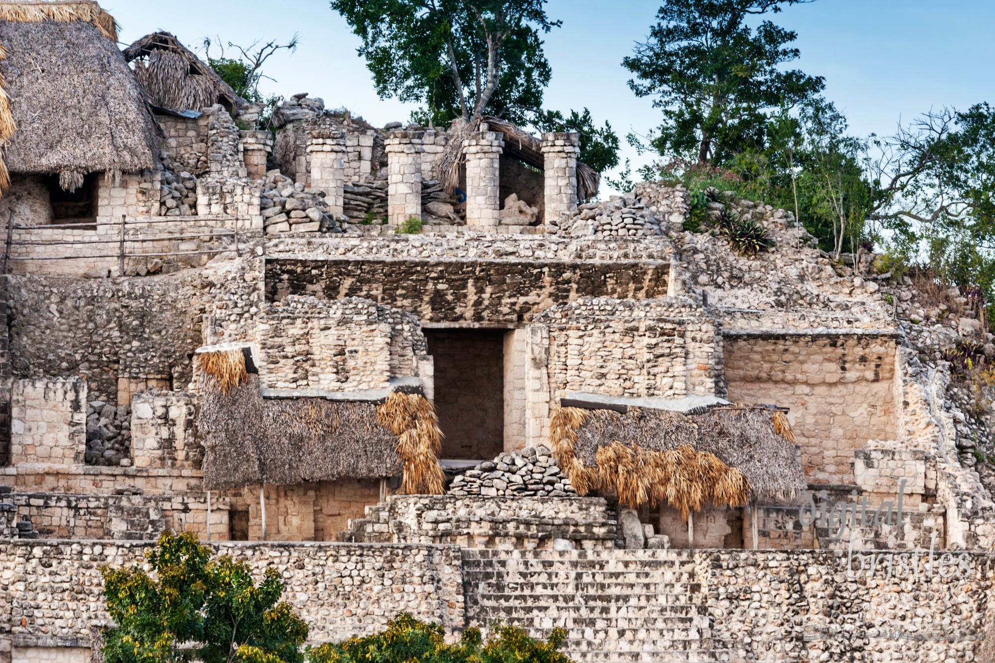 The crumbling remains of the Acropolis at Ek Balam - right side of the stairs