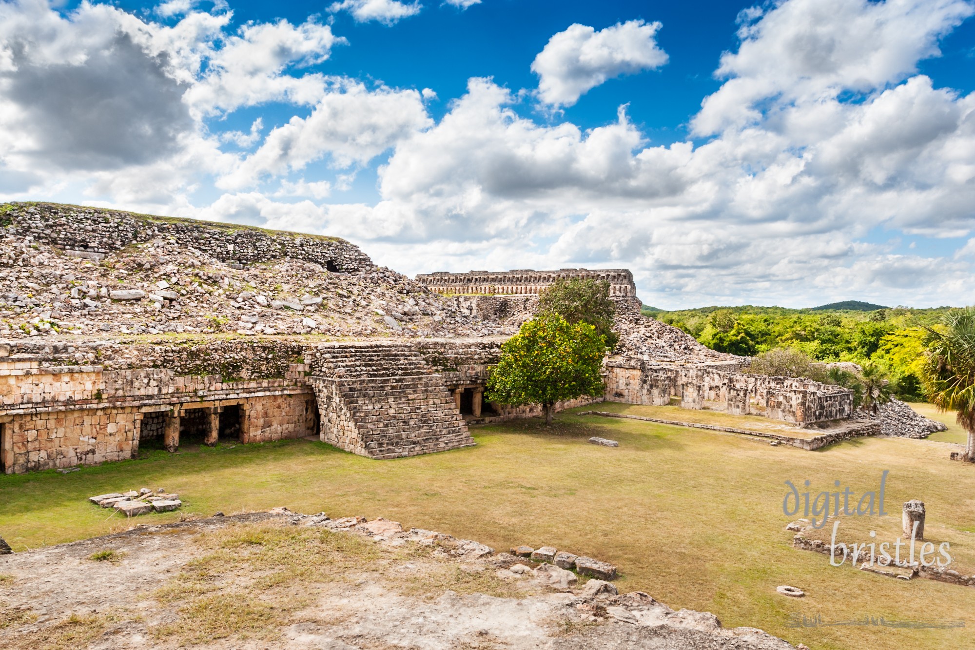 View from Kabah's Palace Plaza to the Elite Residence and Codz Poop, Mexico