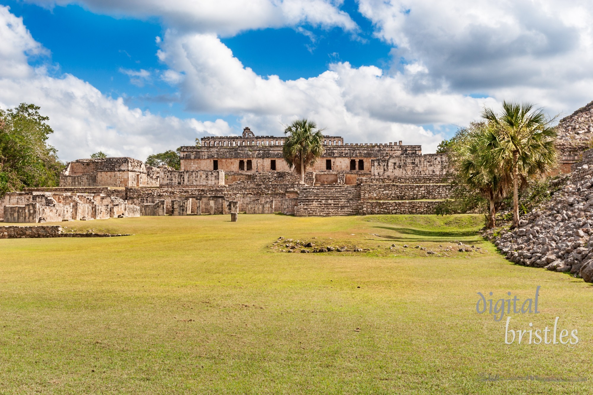 Partially restored Mayan ruins of Lower Plaza at Kabah, Mexico