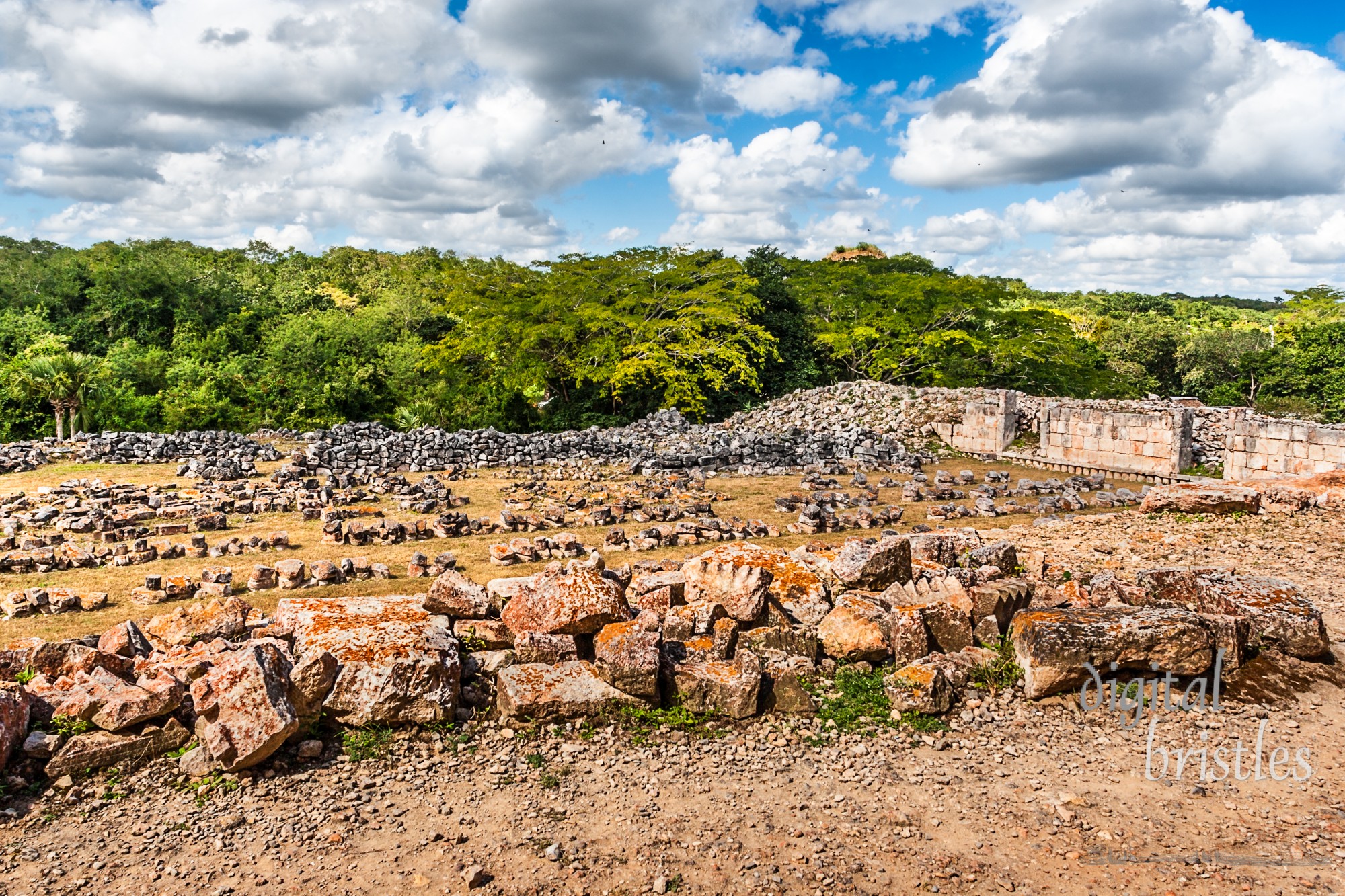 Stones laid out at the Mayan site at Kabah awaiting restoration work