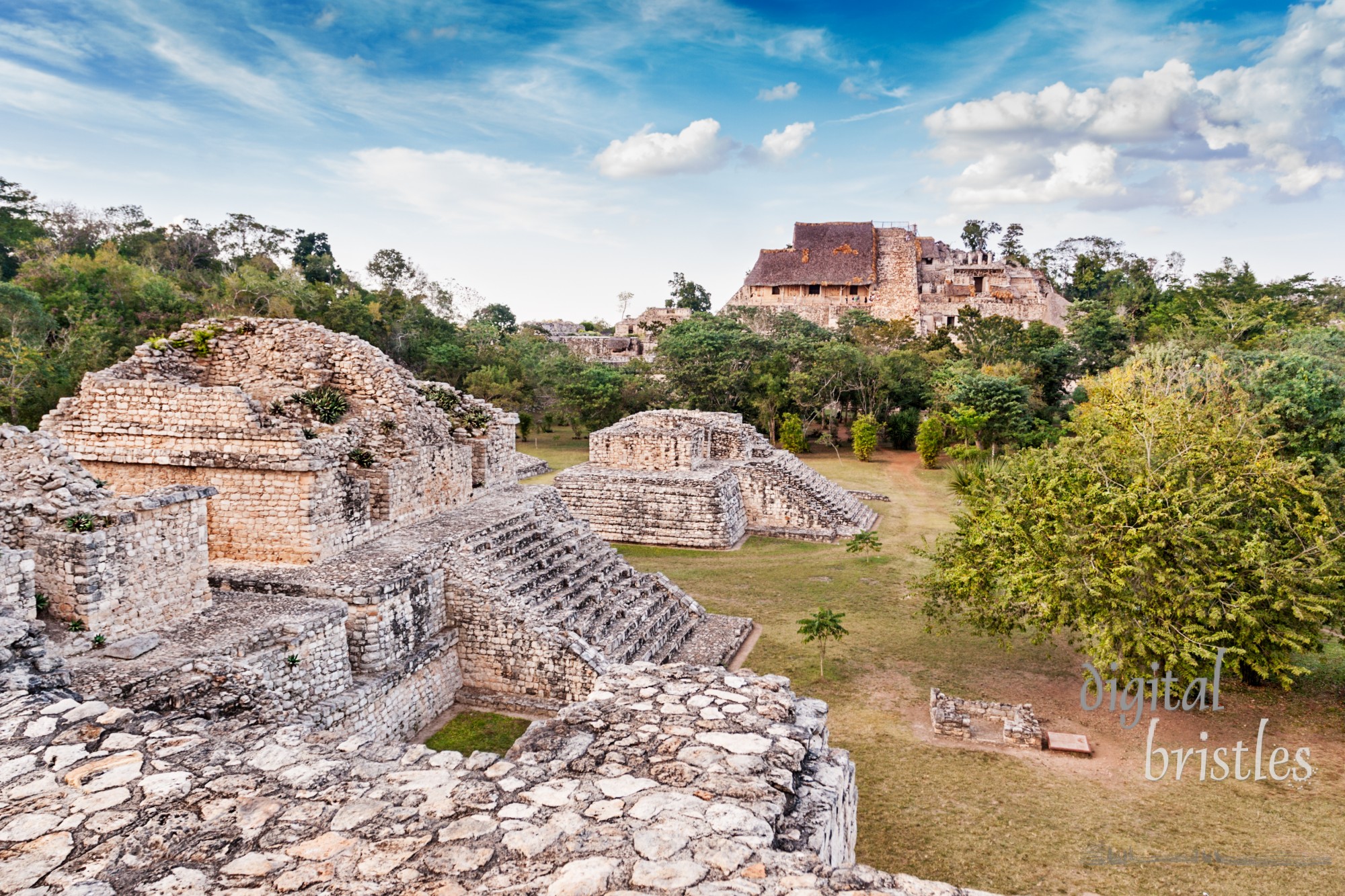 Site overview of Mayan ruins of Ek Balam, Puuc region, in Mexico's Yucatan peninsula looking towards the acropolis with the tomb of Ukit Kan Le'k Tok'