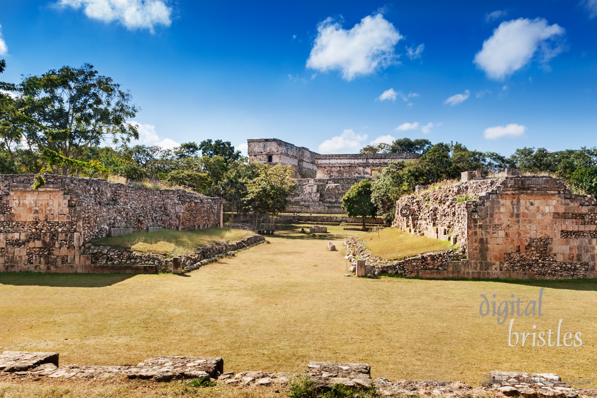 Partially restored Ball Court with one ring, looking towards the House of the Turtles