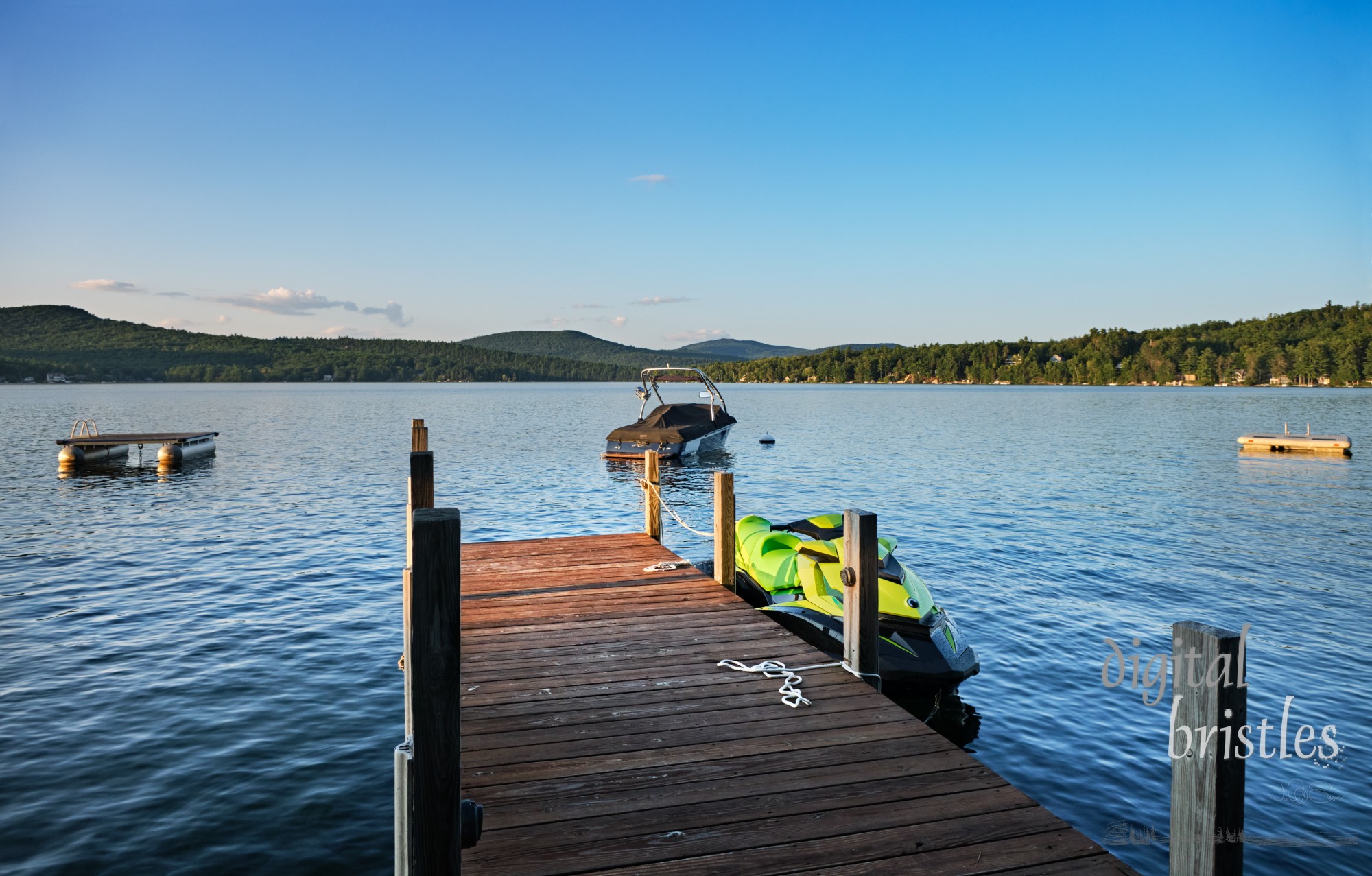 All the Summer water toys tied up for the night. Merrymeeting Lake, New Hampshire