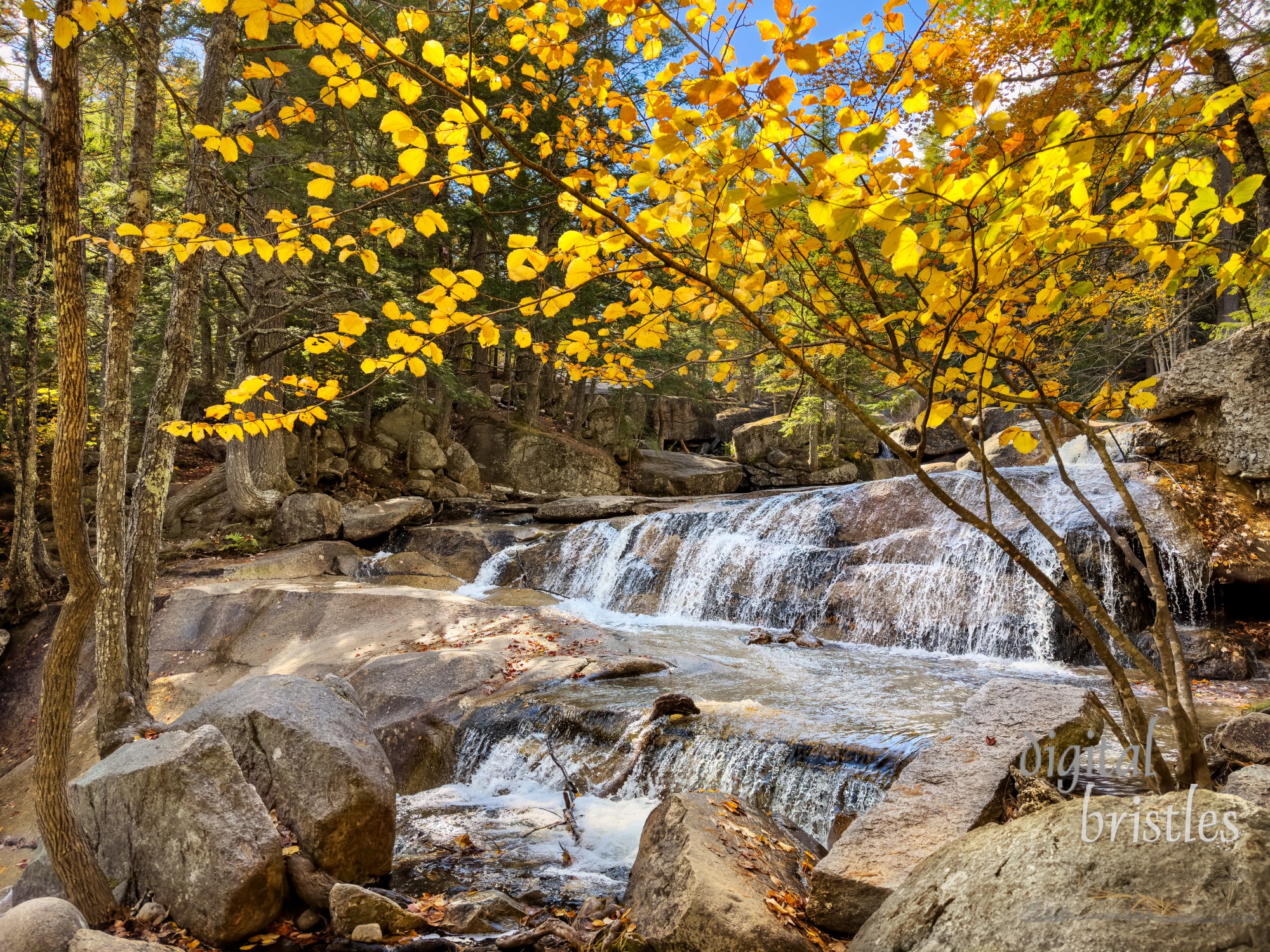 Waterfalls by the trail up Lucy Brook in Autumn. White Mountain National Forest, Bartlett, New Hampshire