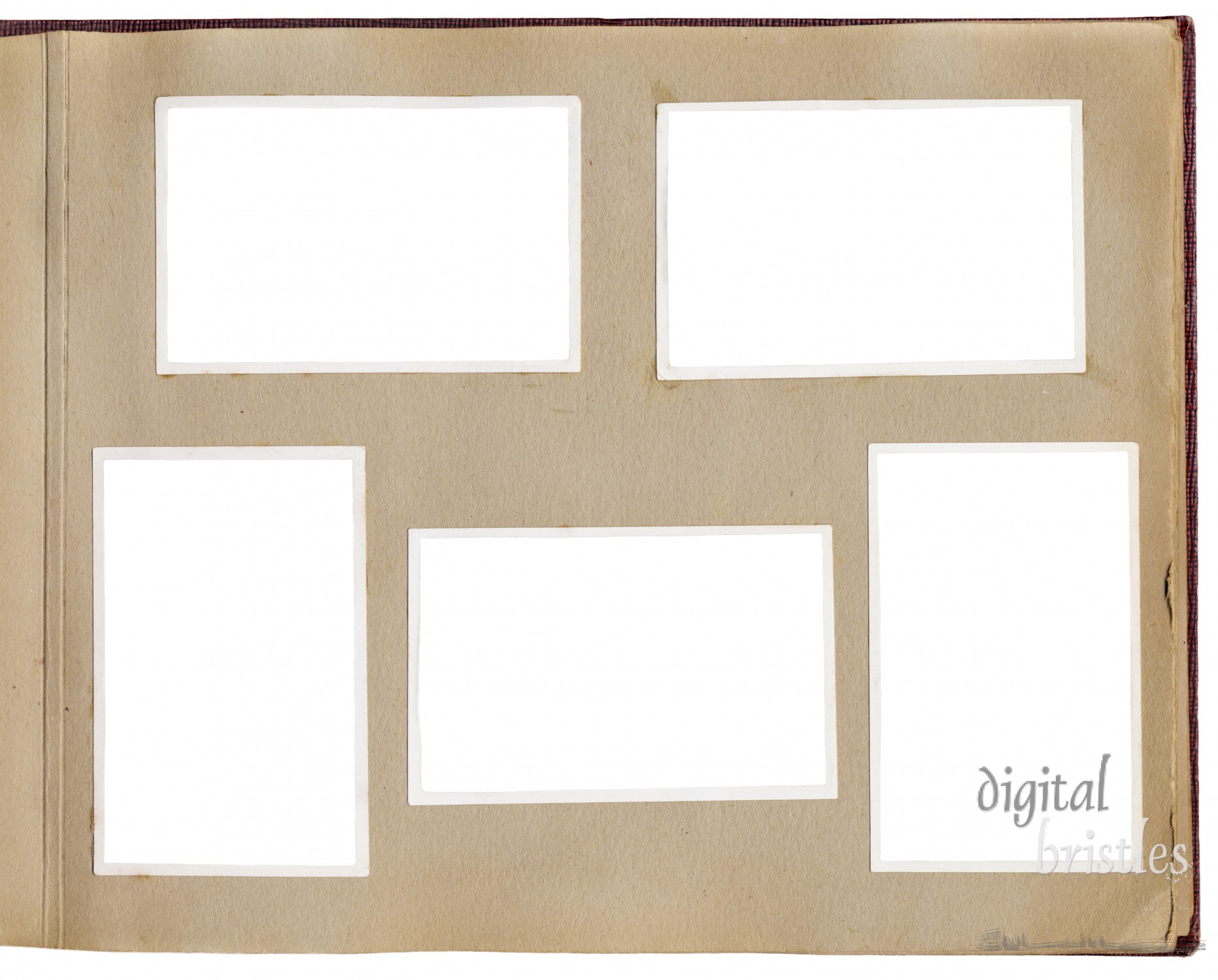 1930s photo album with brown pages and photo print frames. Clipping paths for photo interior and photo frame exterior