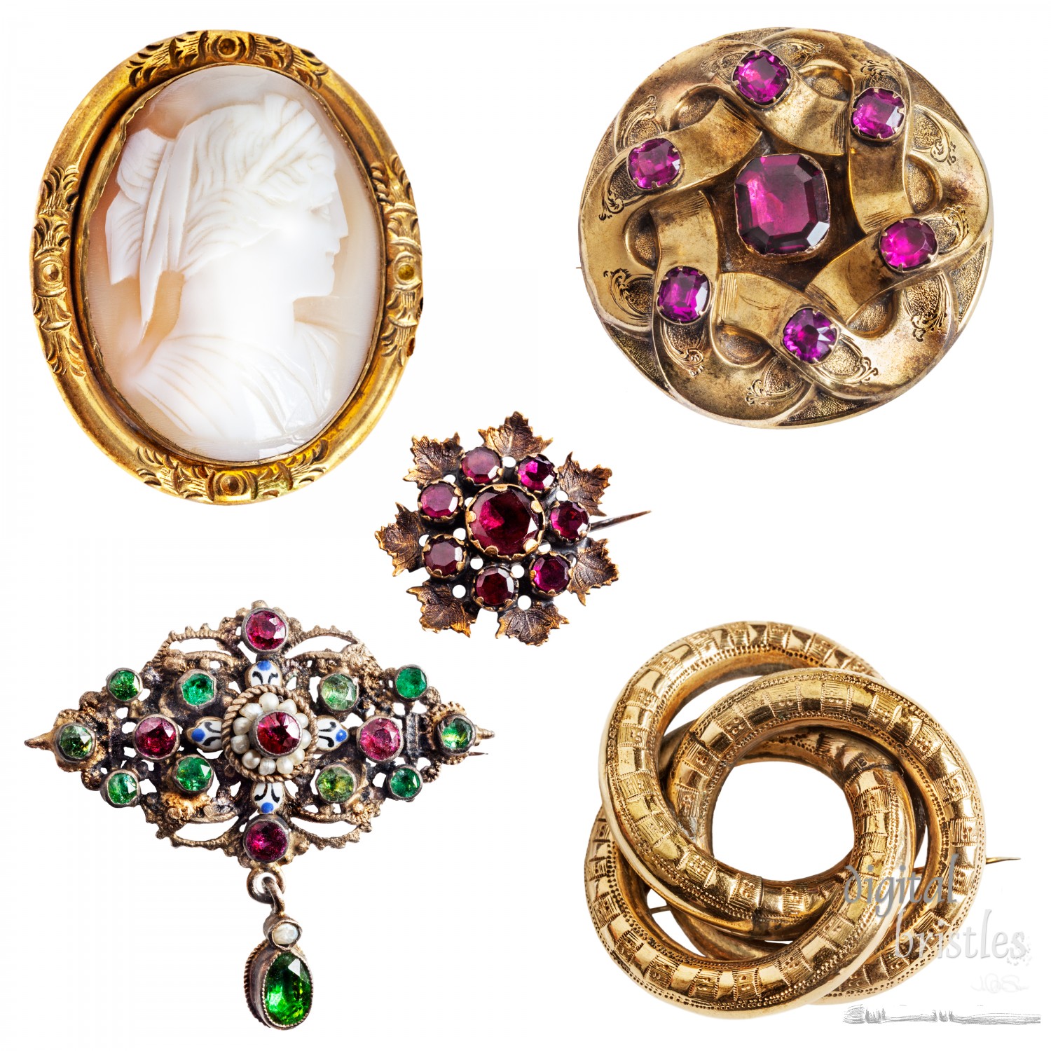 Antique and well worn gold jewelry - cameo,  amethyst, enamel, garnet and three-ring (lover's knot) gold brooches