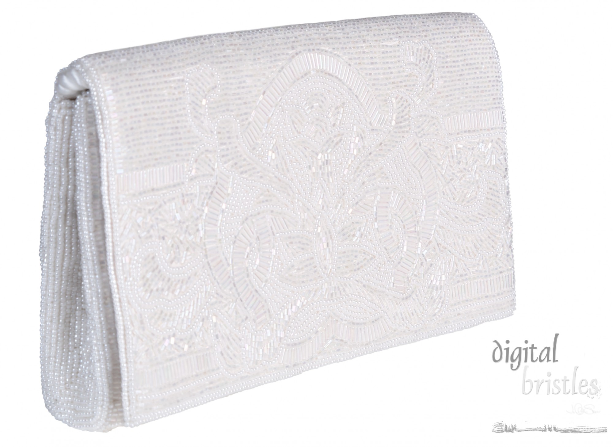 White beaded clutch - side view of evening or special occasion bag