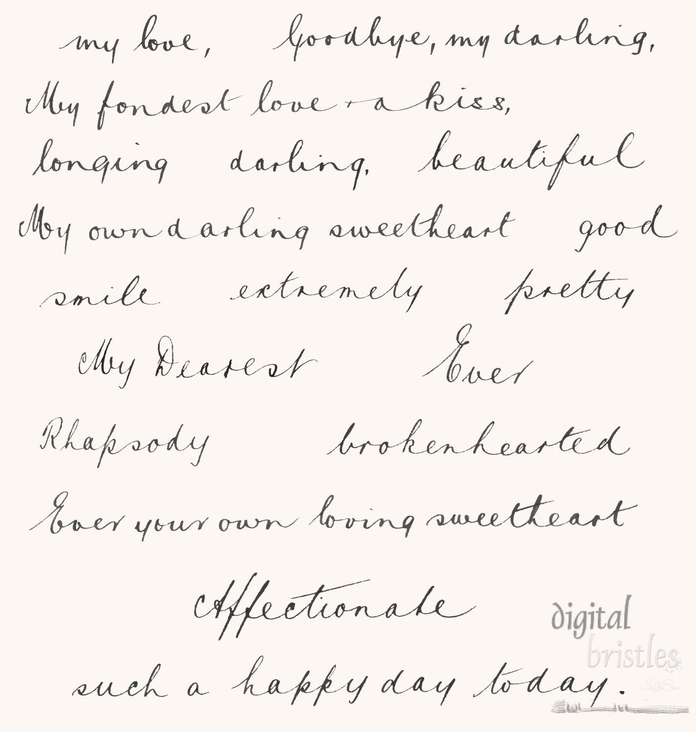 Words of love and affection in copperplate script, written in ink