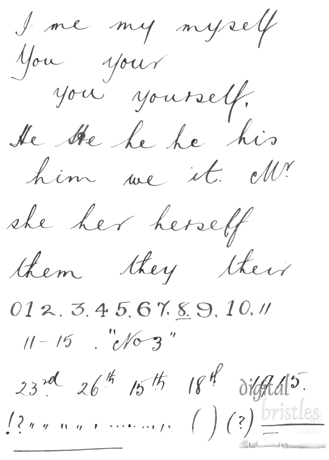 Handwritten words in ink on paper in elegant copperplate script - pronouns, digits and punctuation