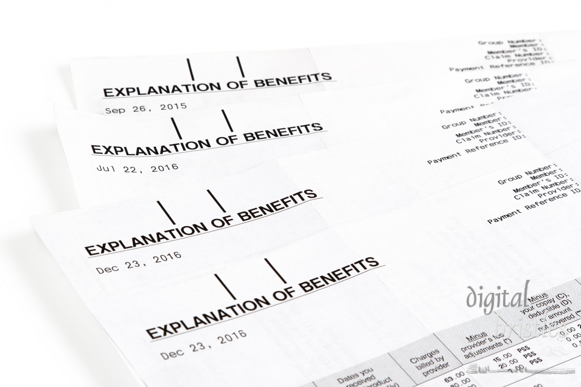 Medical insurance statements with payment, co-payment and exclusion details