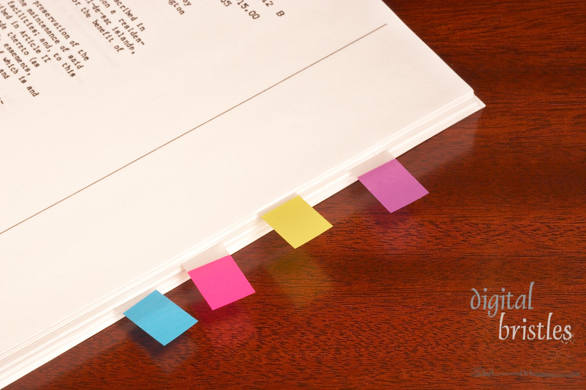 Colored tabs marking parts of a document