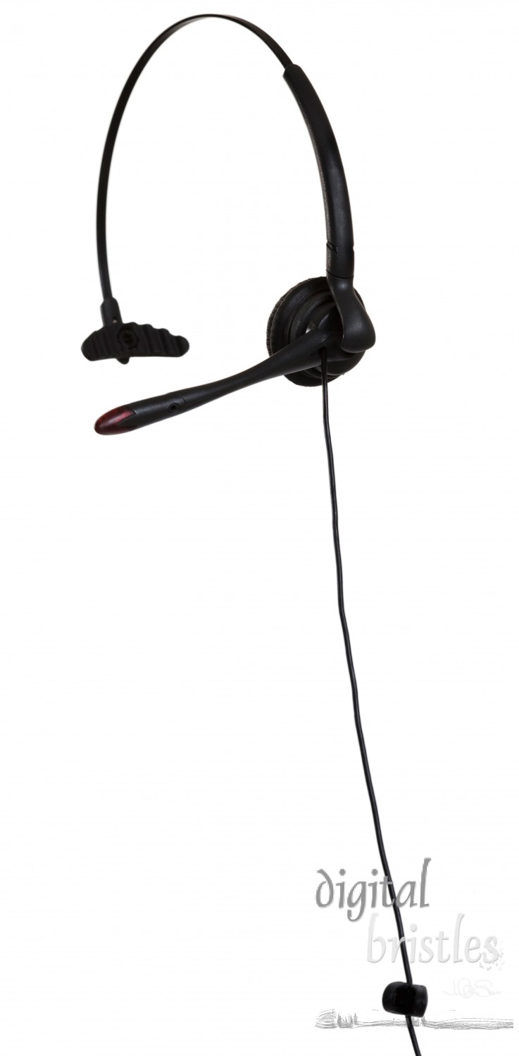 Side view of telephone headset and clip, isolated