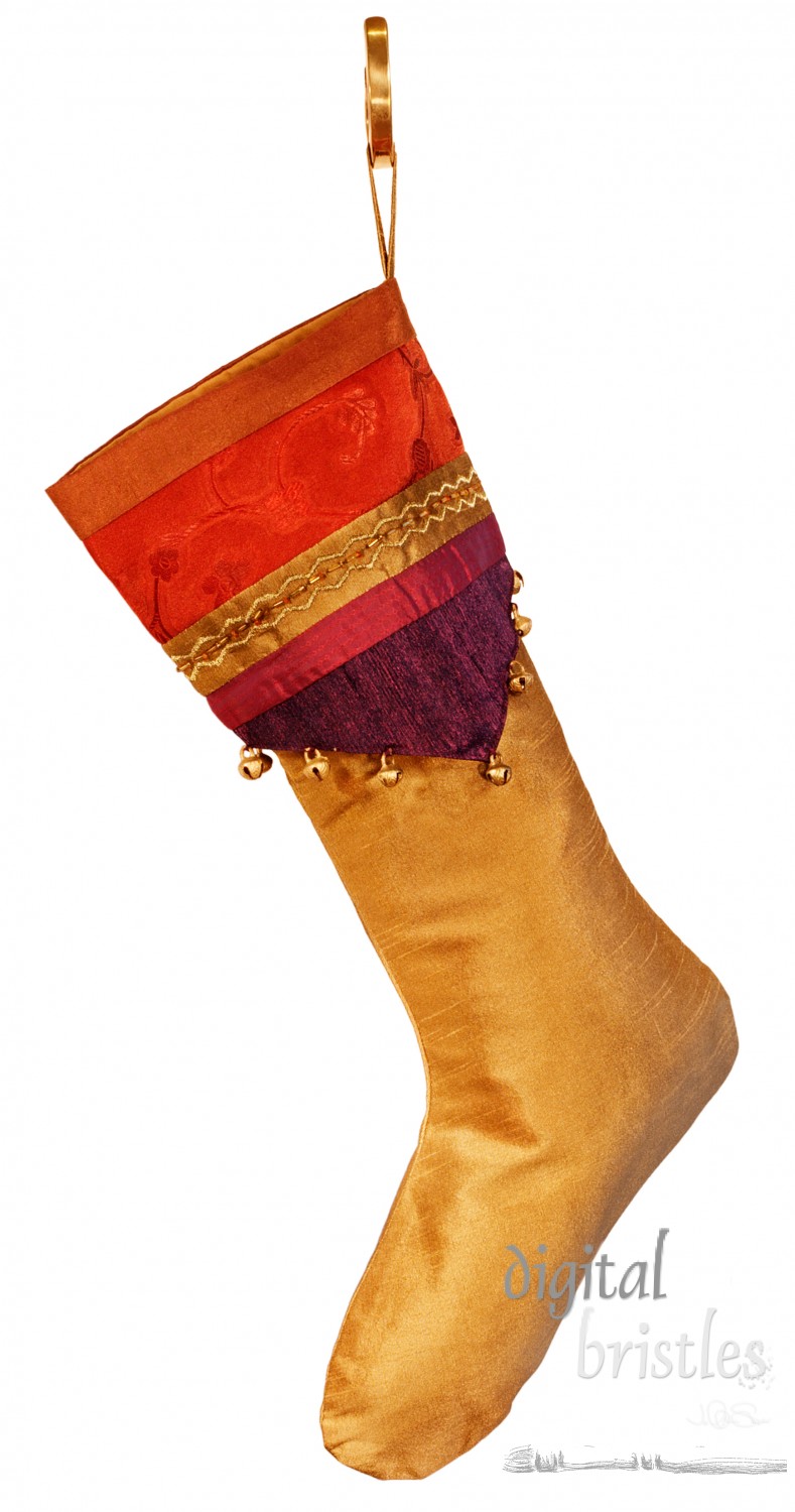 Gold silk Christmas stocking with elaborate cuff and bells