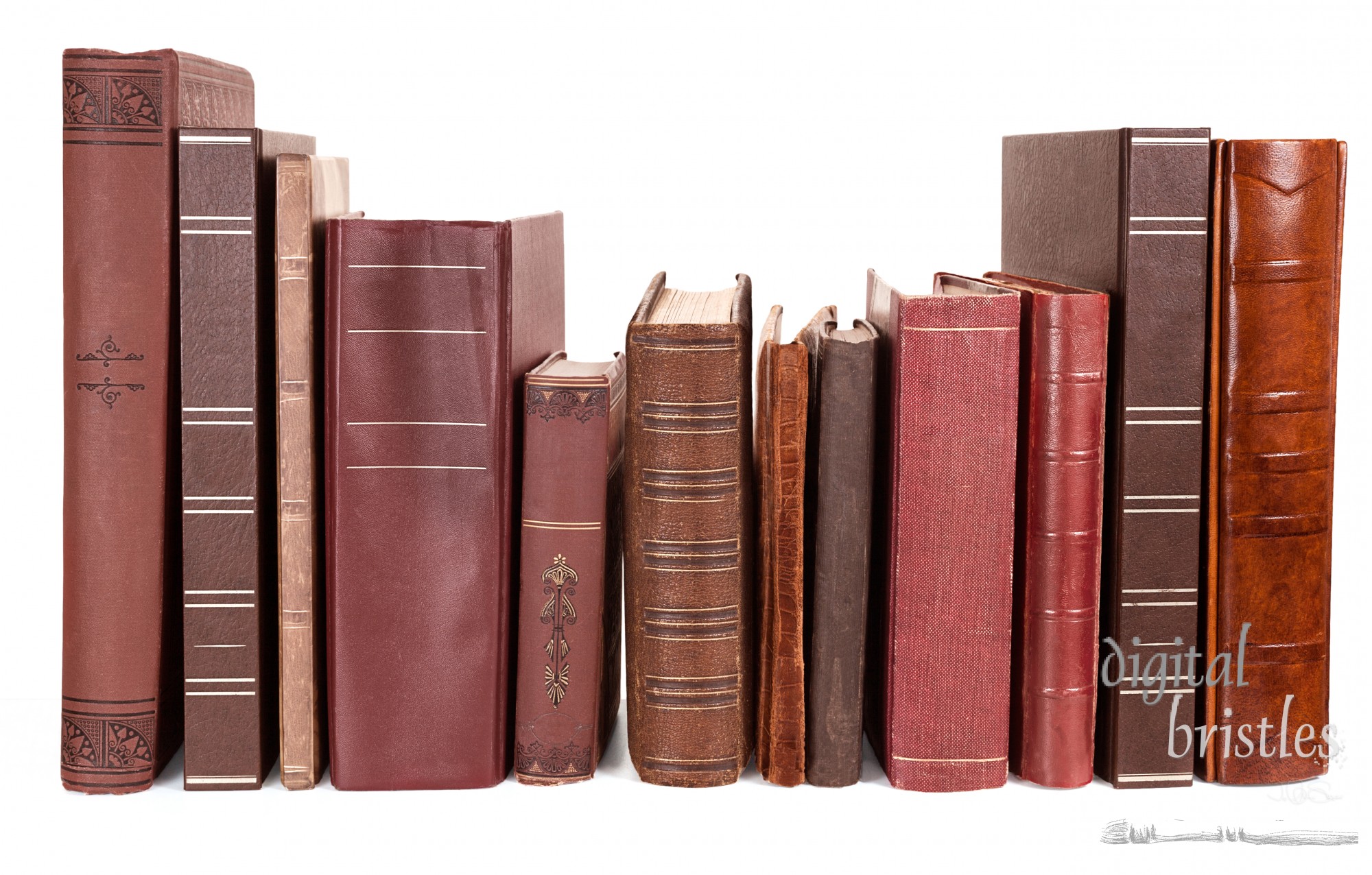 Varying ages and designs of the spines of old books on a shelf, isolated