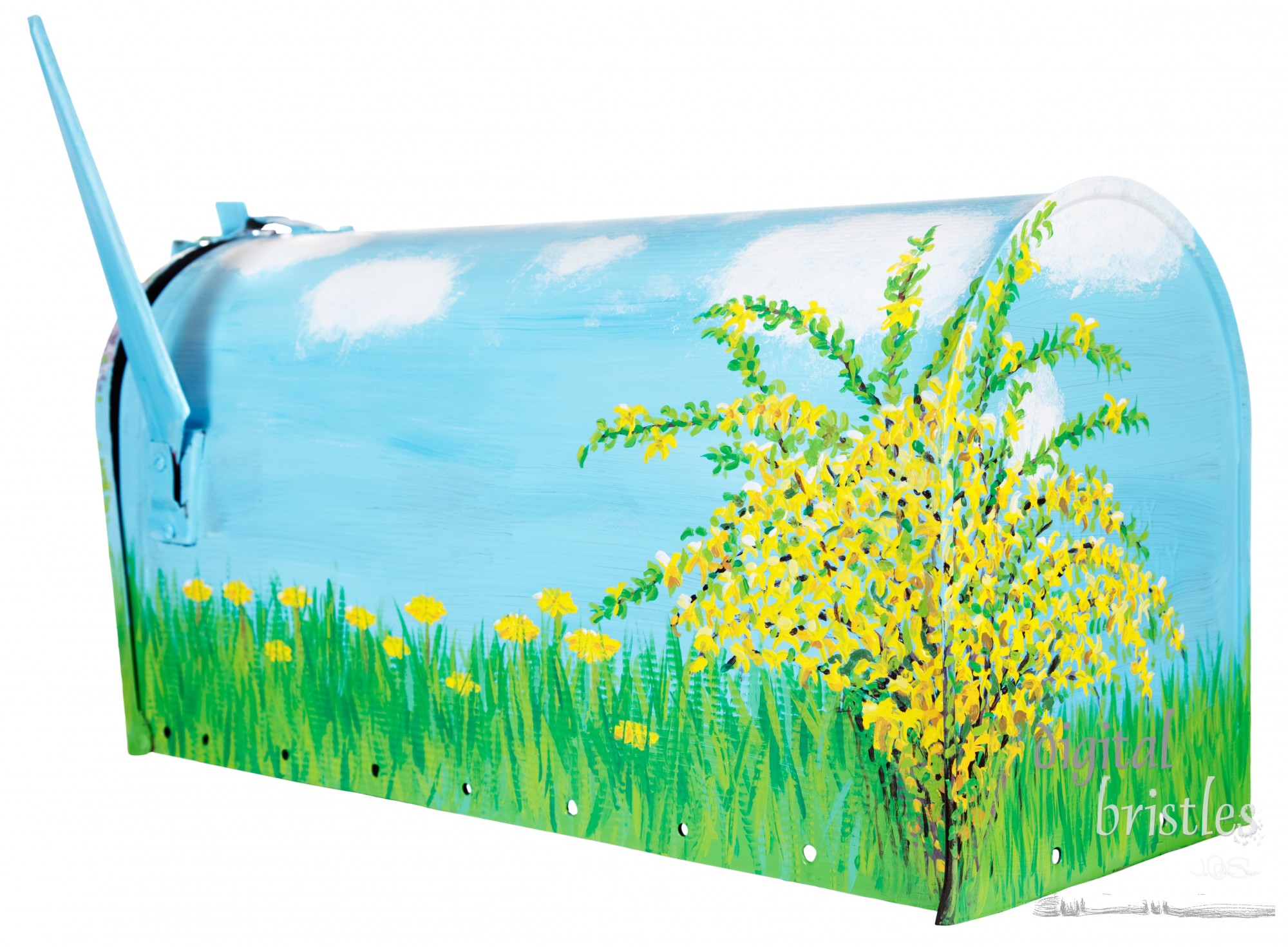 Hand painted forsythia flowers, dandelions & grass on a mailbox