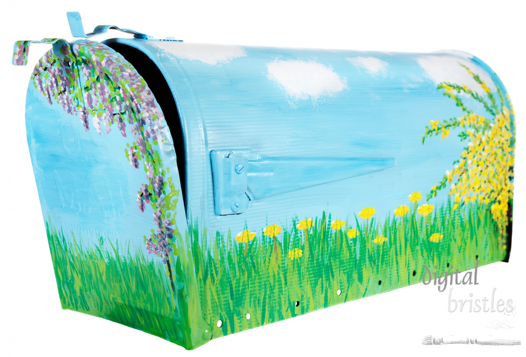 Hand painted flowers & grass on an open mailbox