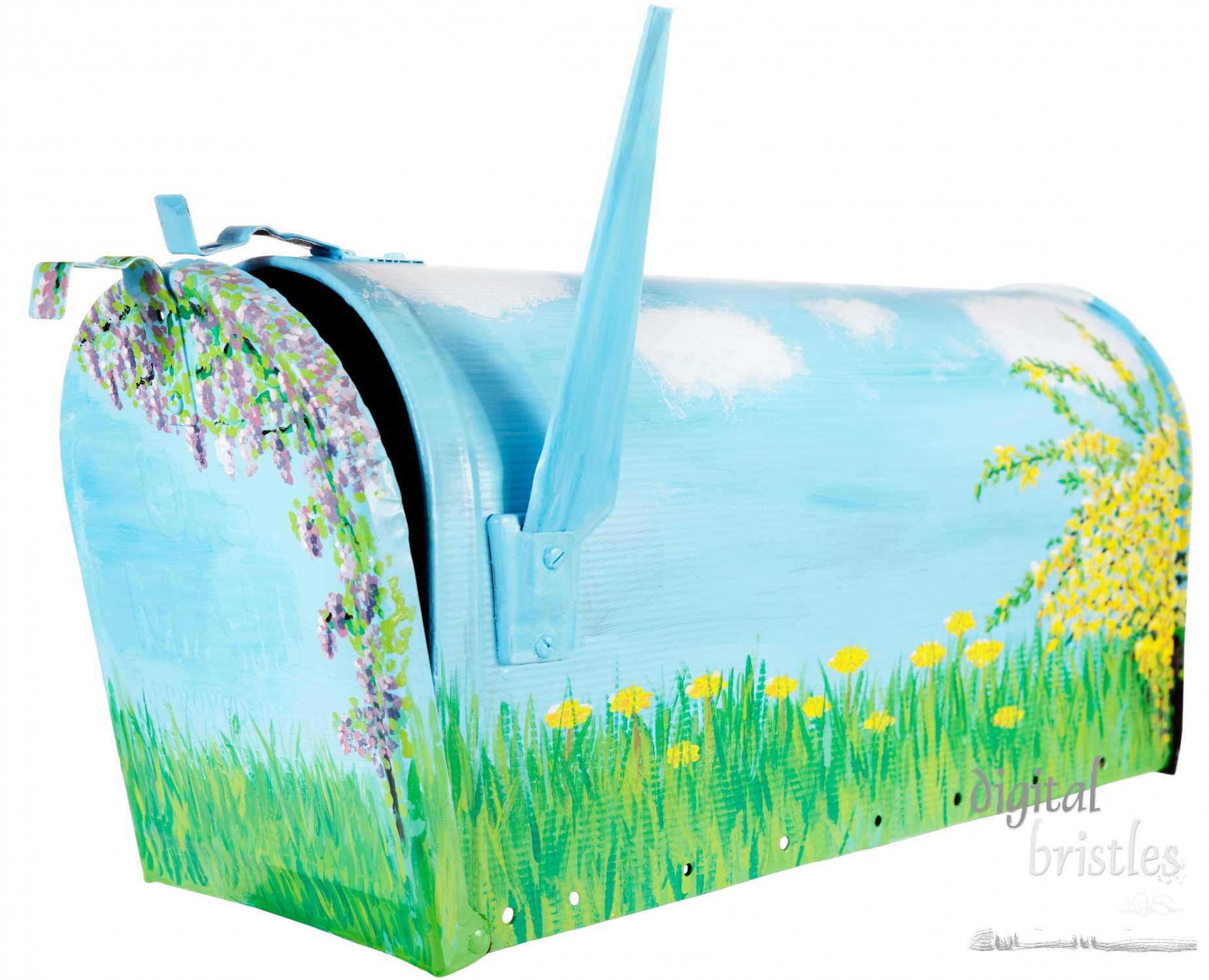 Hand painted wisteria, forsythia flowers, dandelions & grass on a mailbox