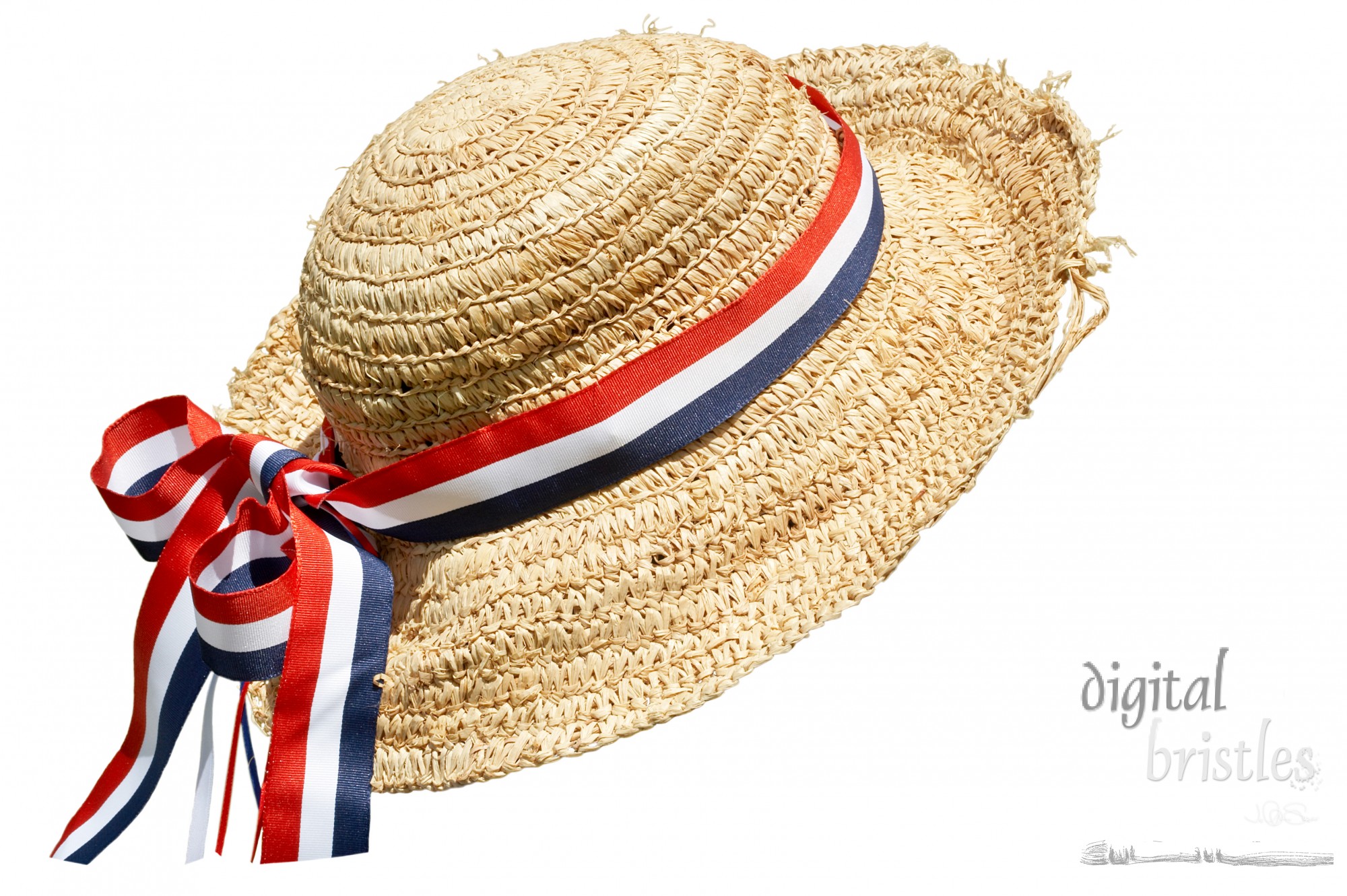 Isolated straw hat with red, white & blue ribbons
