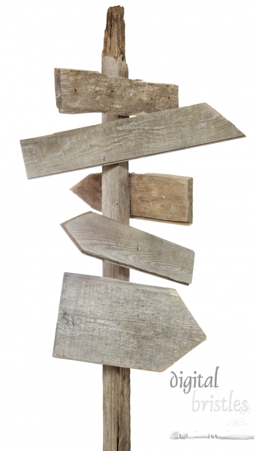 Rough hewn wood signs pointing in various directions