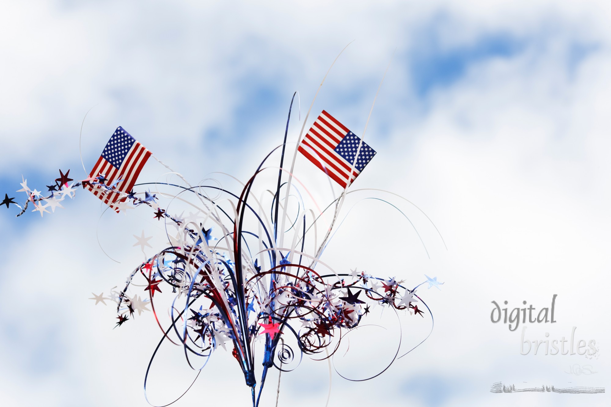 American flag and stars and streamers decorations