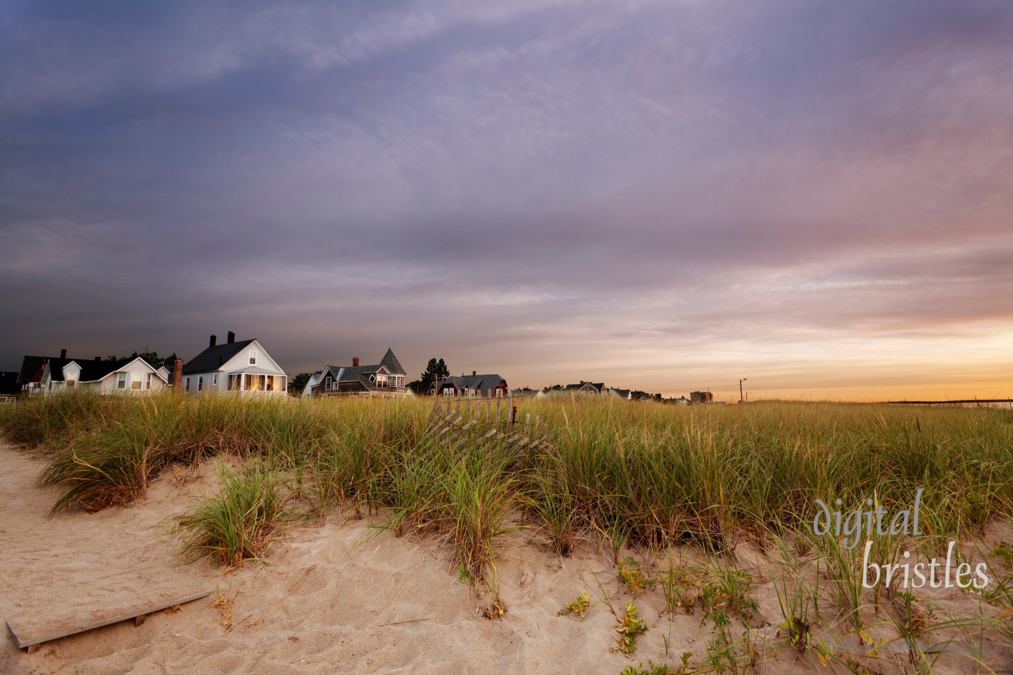 Maine beach houses in the first light of day