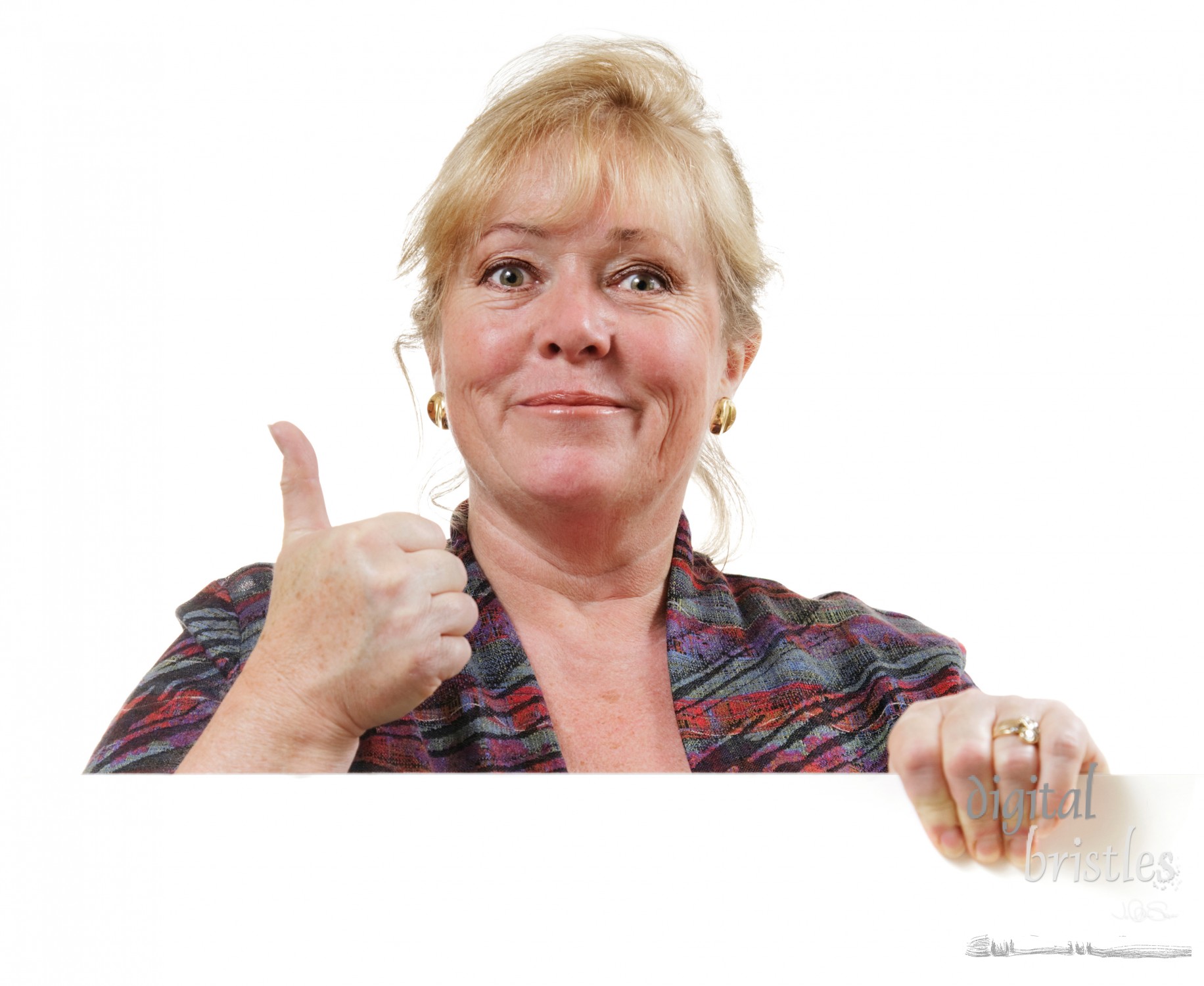 Mature woman with blank sign