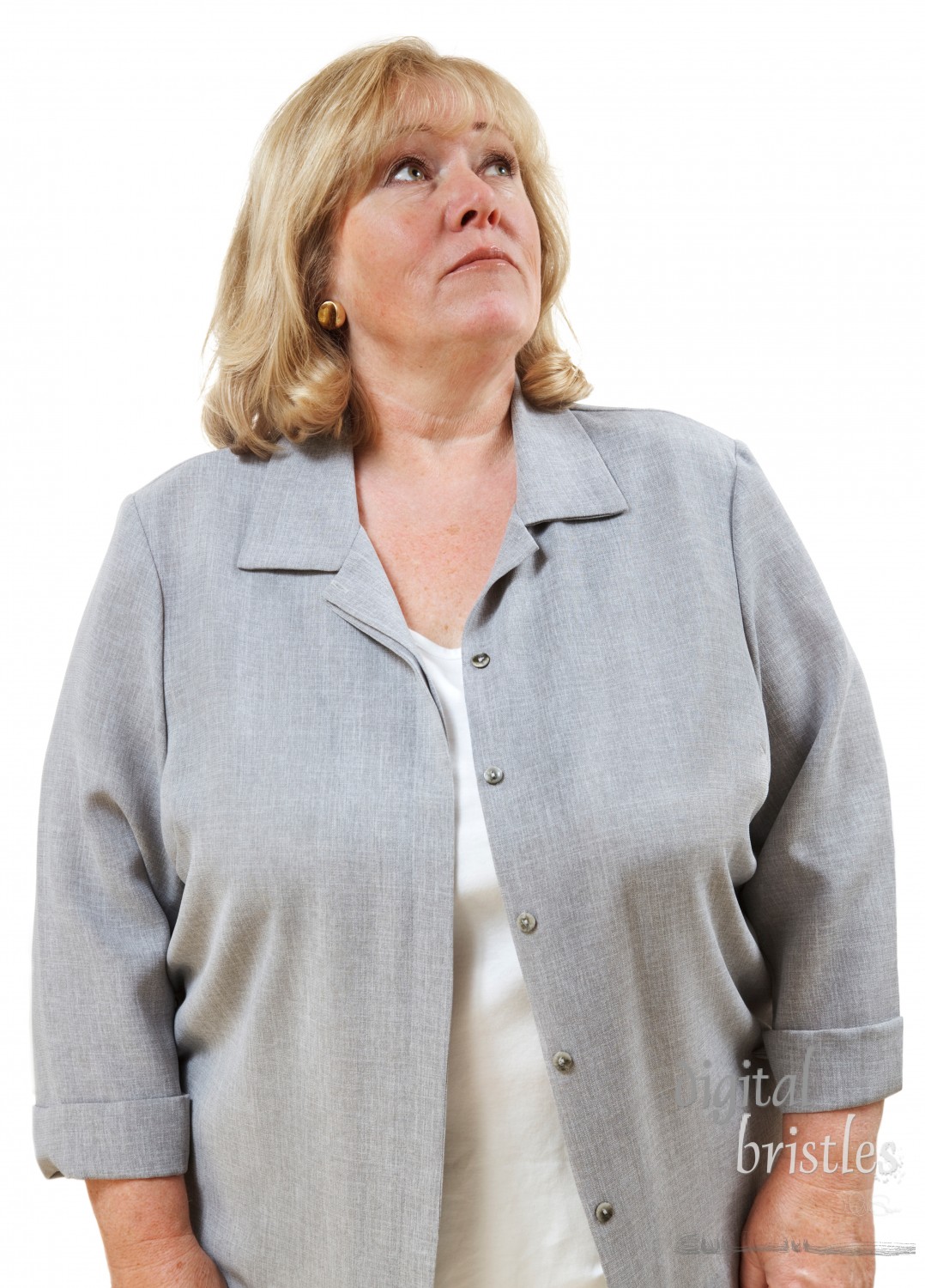 Mature woman looking up to her left