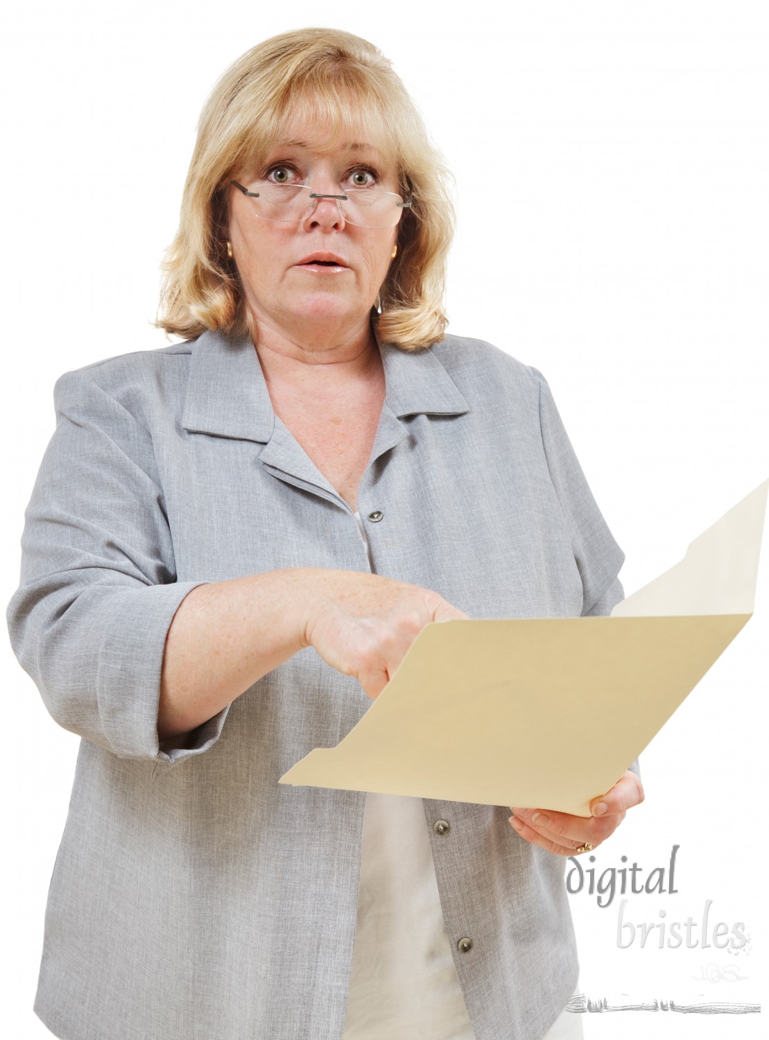 Mature woman points to contents of a folder