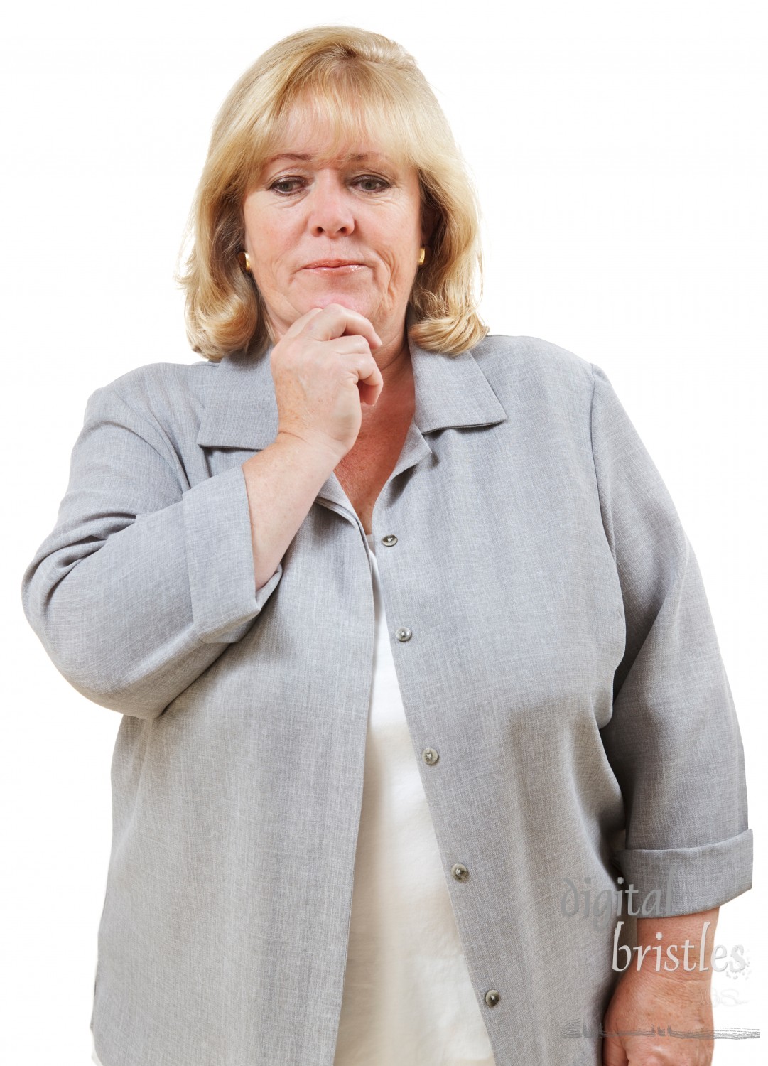 Mature woman looks puzzled, fingers to chin