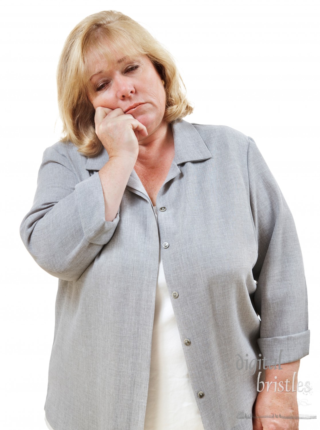 Mature woman falling asleep standing up