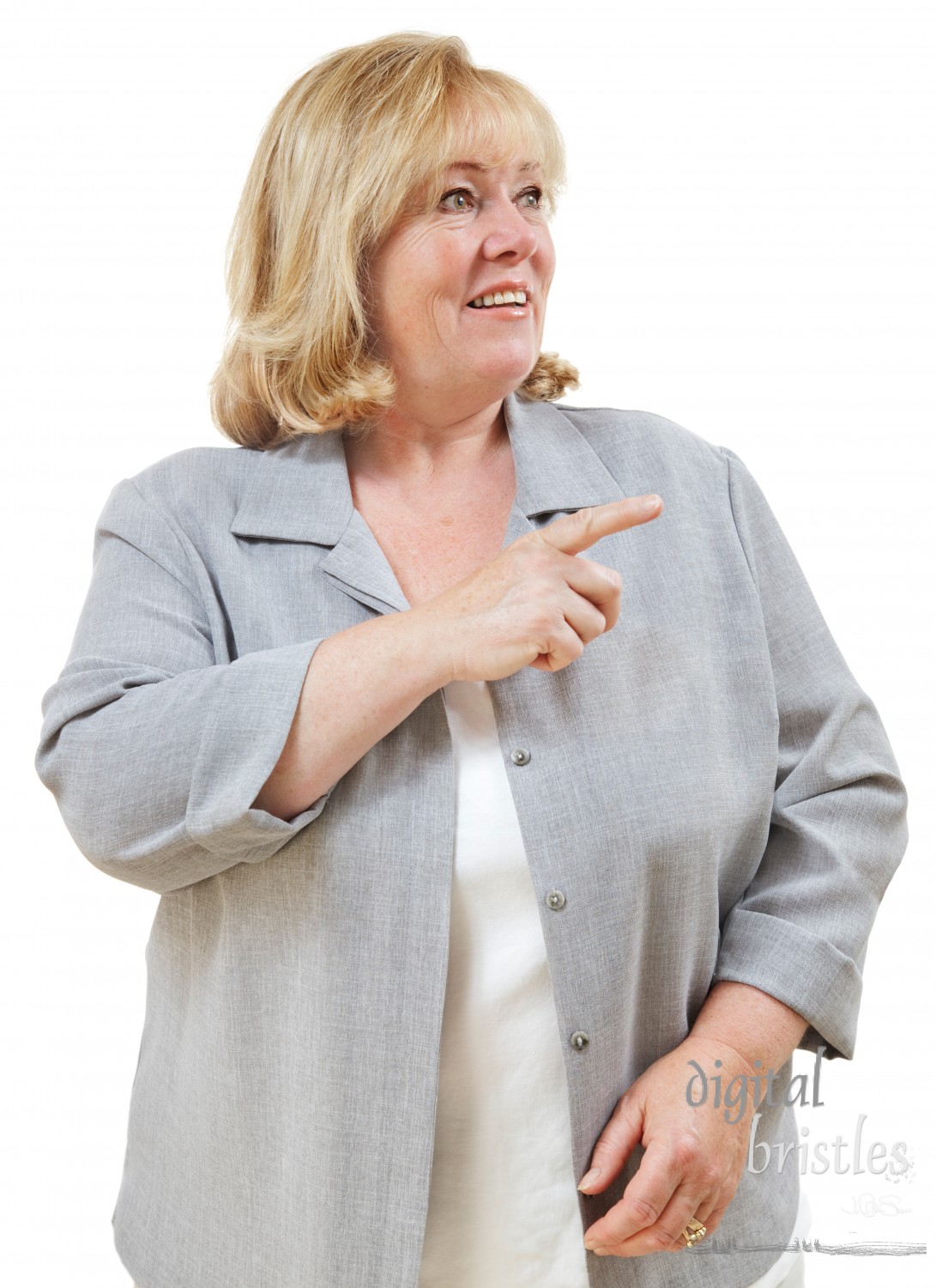 Mature woman pointing to one side